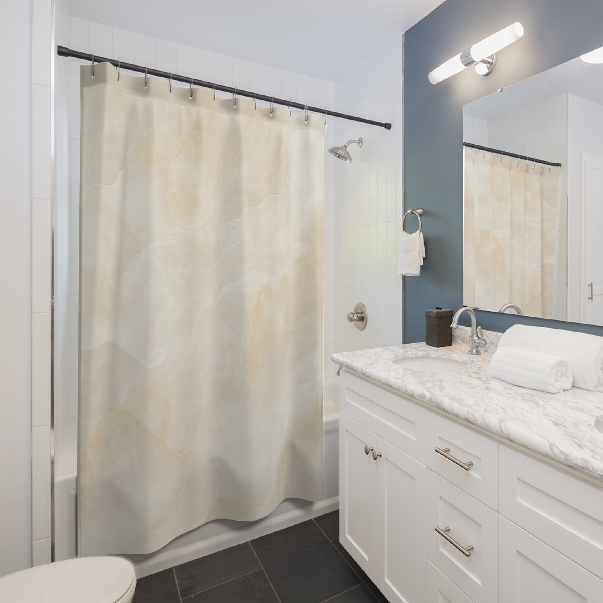 Abstract Shower Curtain, Cream Beige Bath Decor, Cloudy Neutral Pattern, Elegant Modern Guest Bathroom Decor, Soft Modern Neutral Style