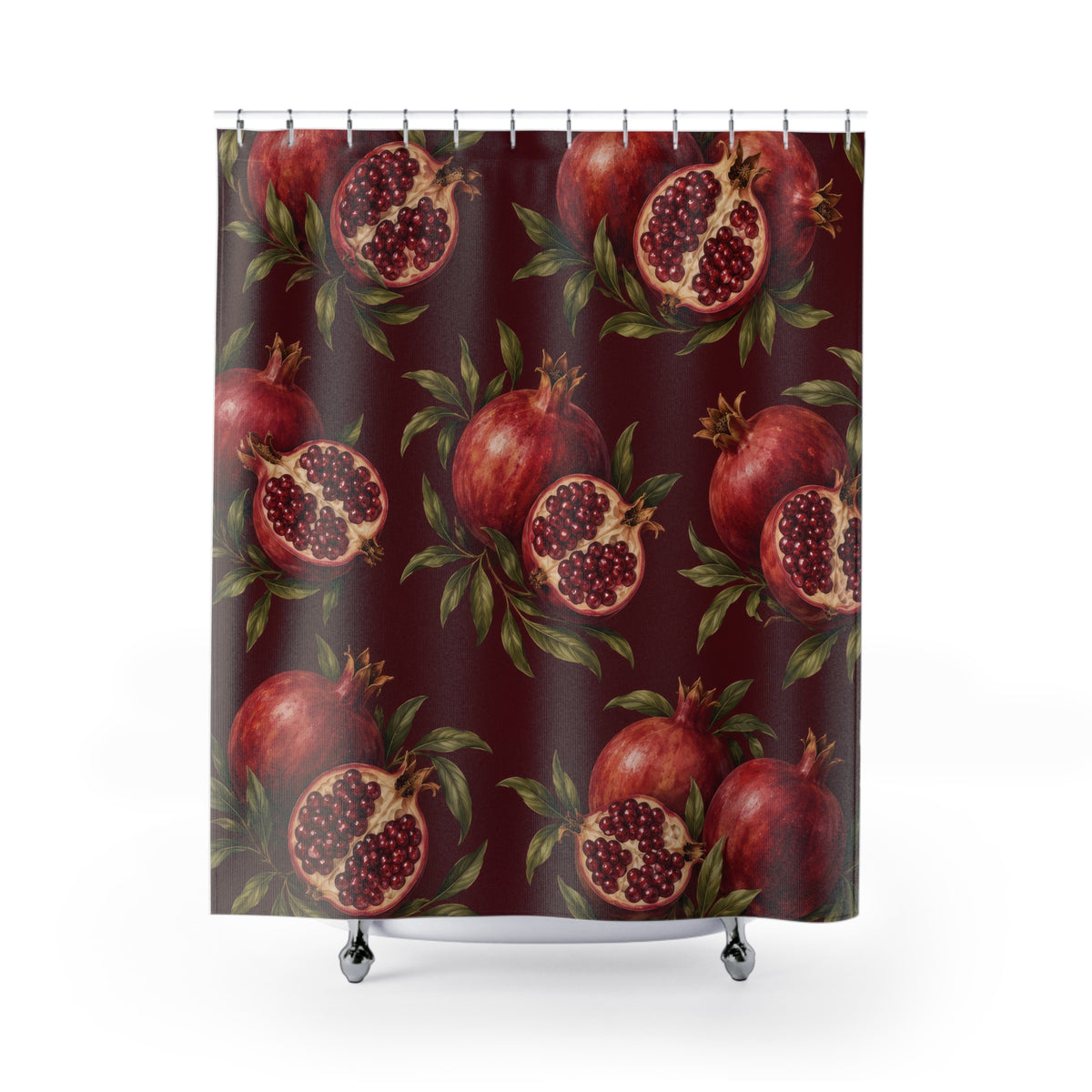Red pomegranates with ruby seeds and green leaves on maroon shower curtain with full front view