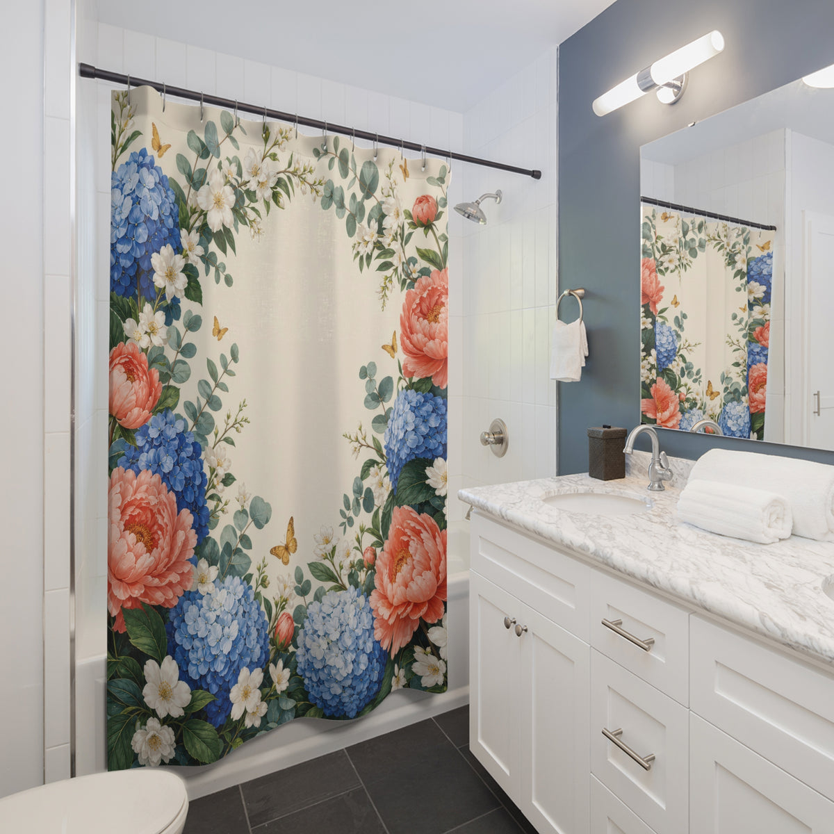 Best Signature Hydrangea Peony Garden shower curtain beside a white vanity