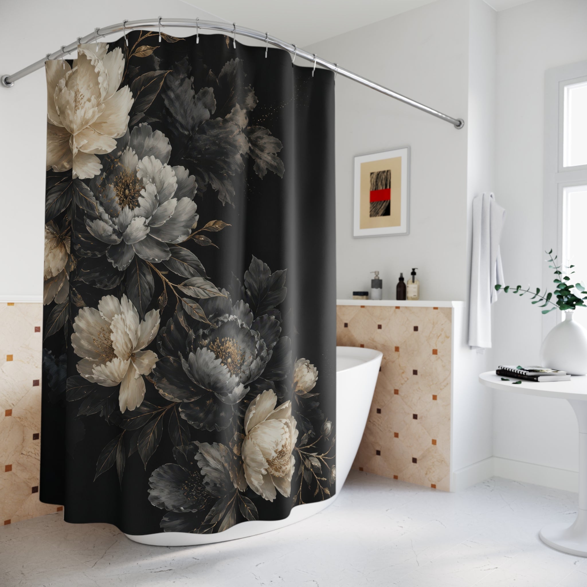 Ivory and smoky grey peonies cascading diagonally on black shower curtain styled beside a freestanding tub