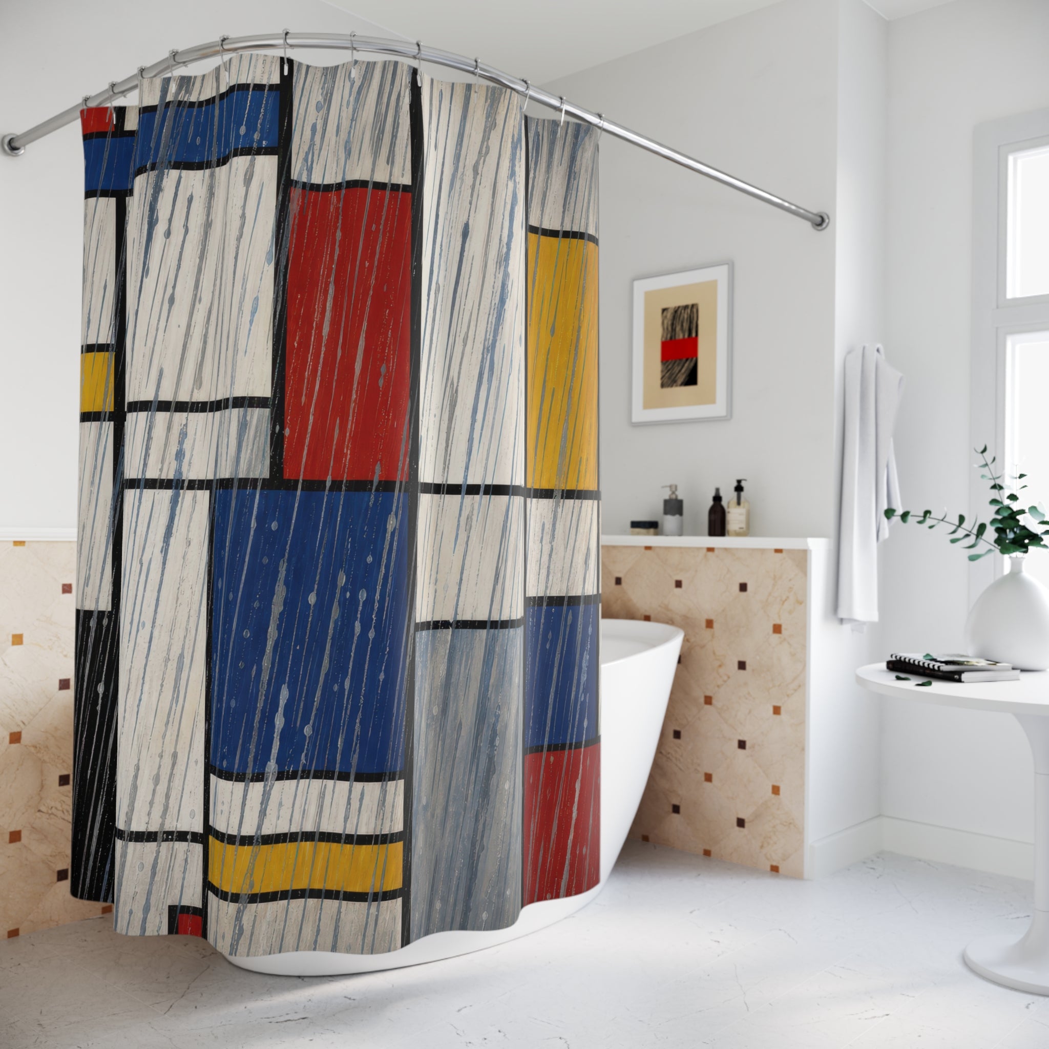 Mondrian Rain Grid Print Shower Curtain