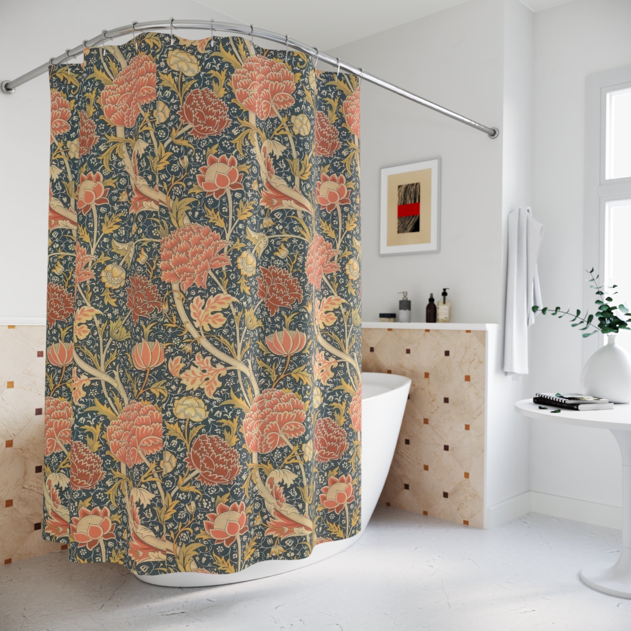 Morris Cray Shower Curtain – Coral Peony on Navy