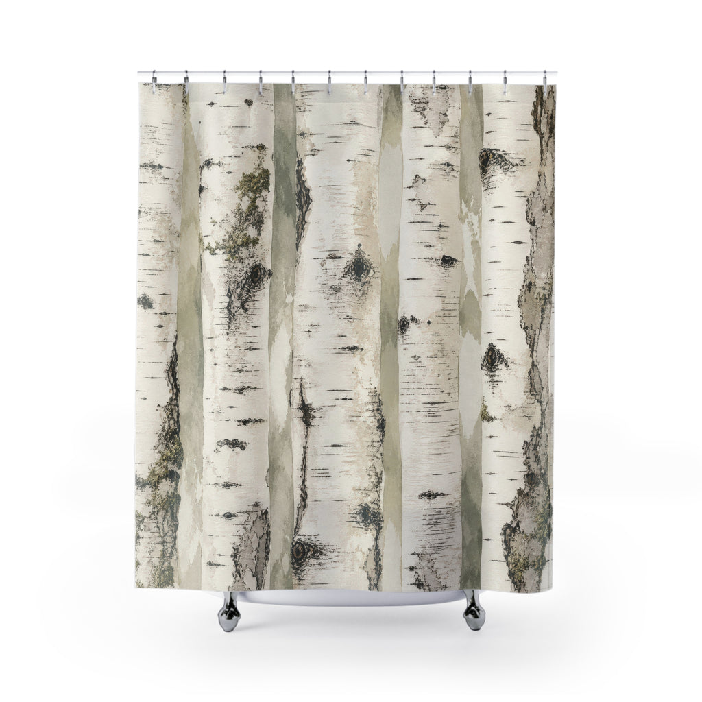 Birch Tree Shower Curtain, White Grey Woodland Forest Pattern, Rustic Nature Bathroom Decor, Cabin Guest Bath Lodge Style