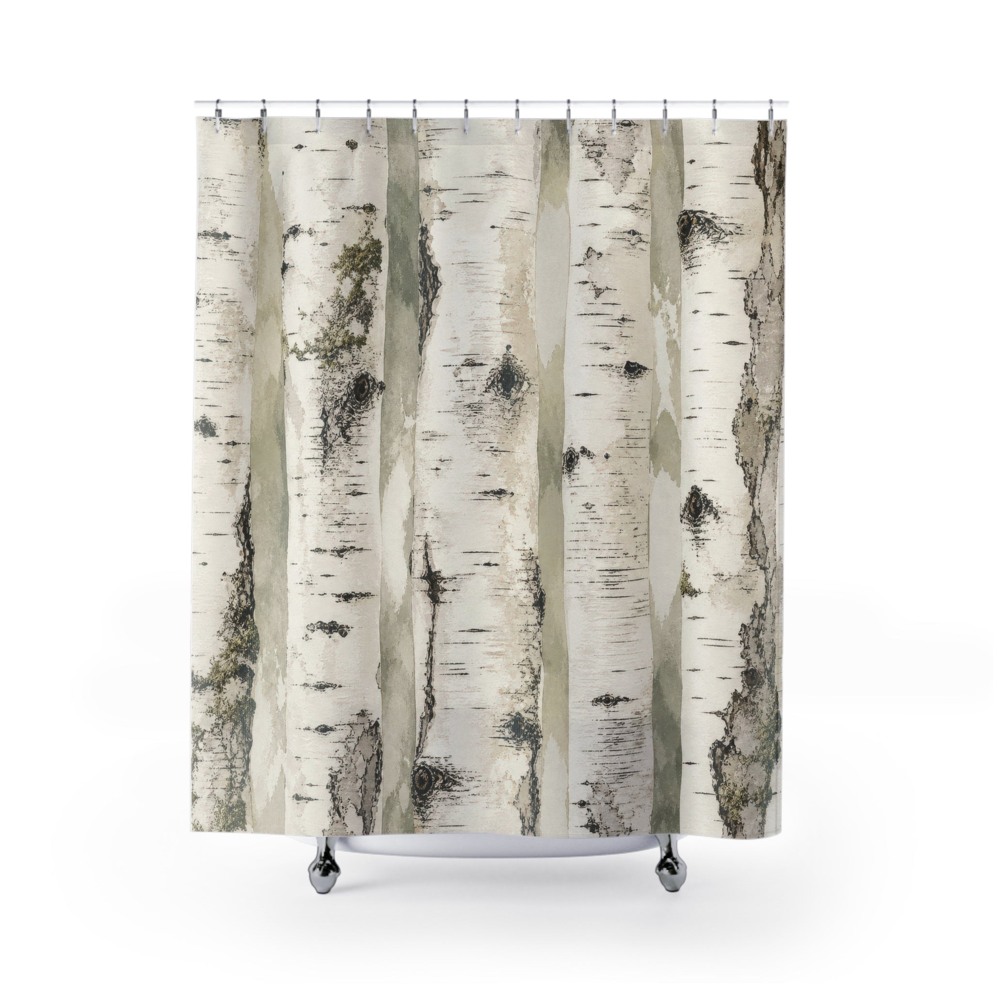 Birch Tree Shower Curtain, White Grey Woodland Forest Pattern, Rustic Nature Bathroom Decor, Cabin Guest Bath Lodge Style