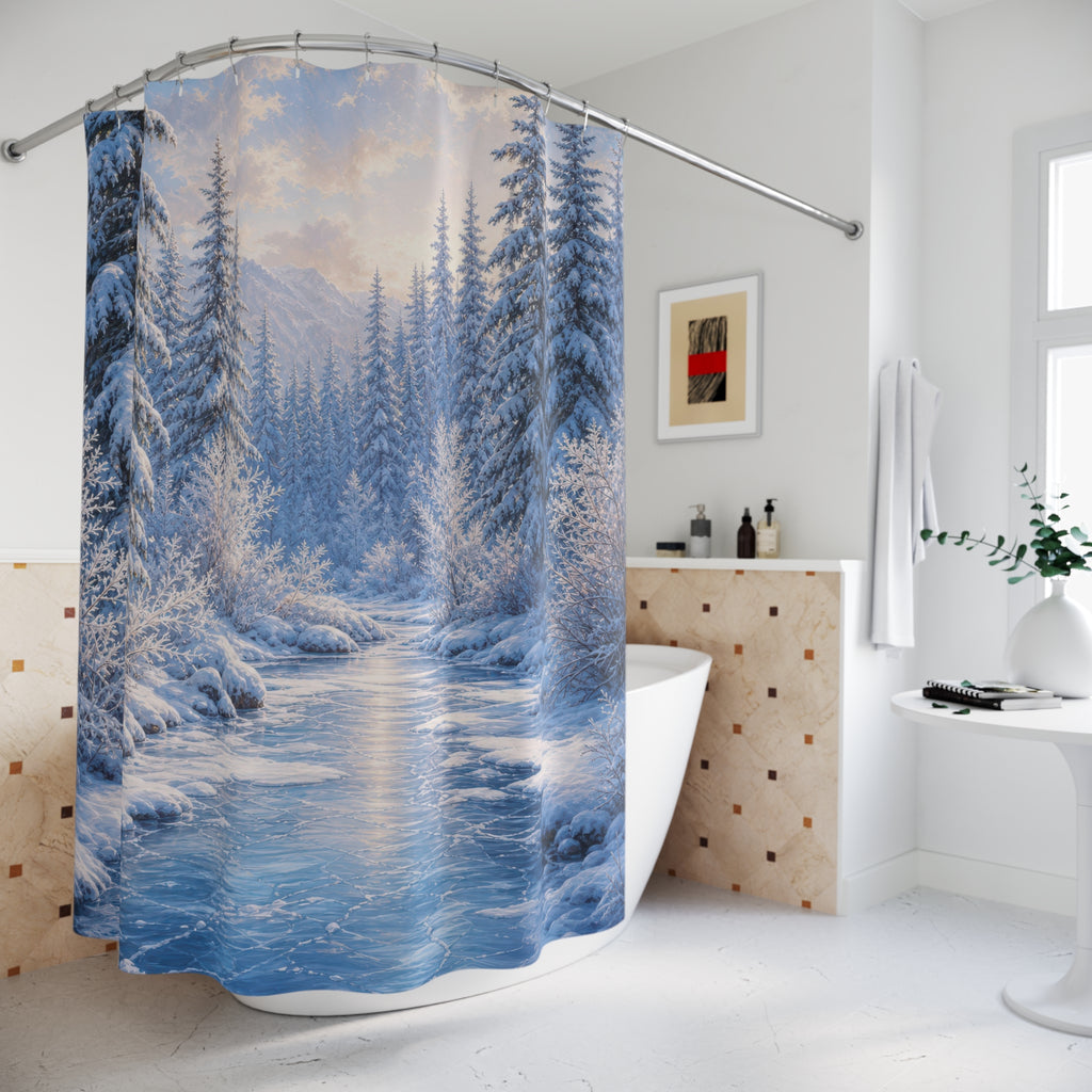 Snowy Spruce Frozen Creek Shower Curtain