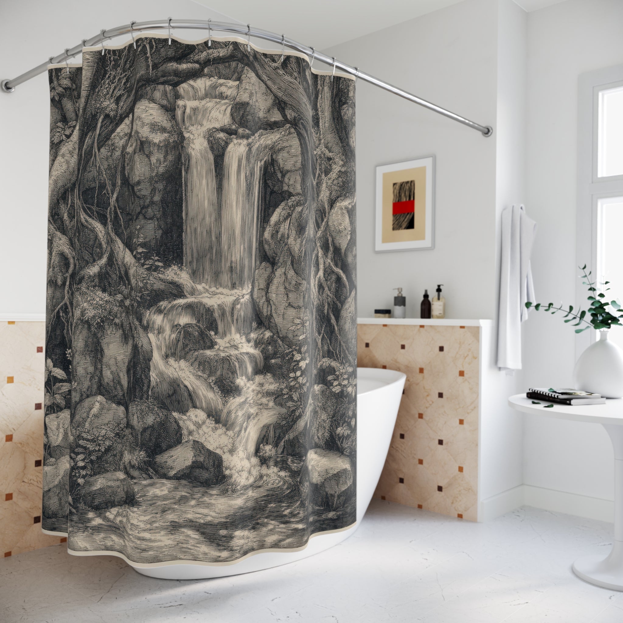 Black White Engraving Landscape Shower Curtain