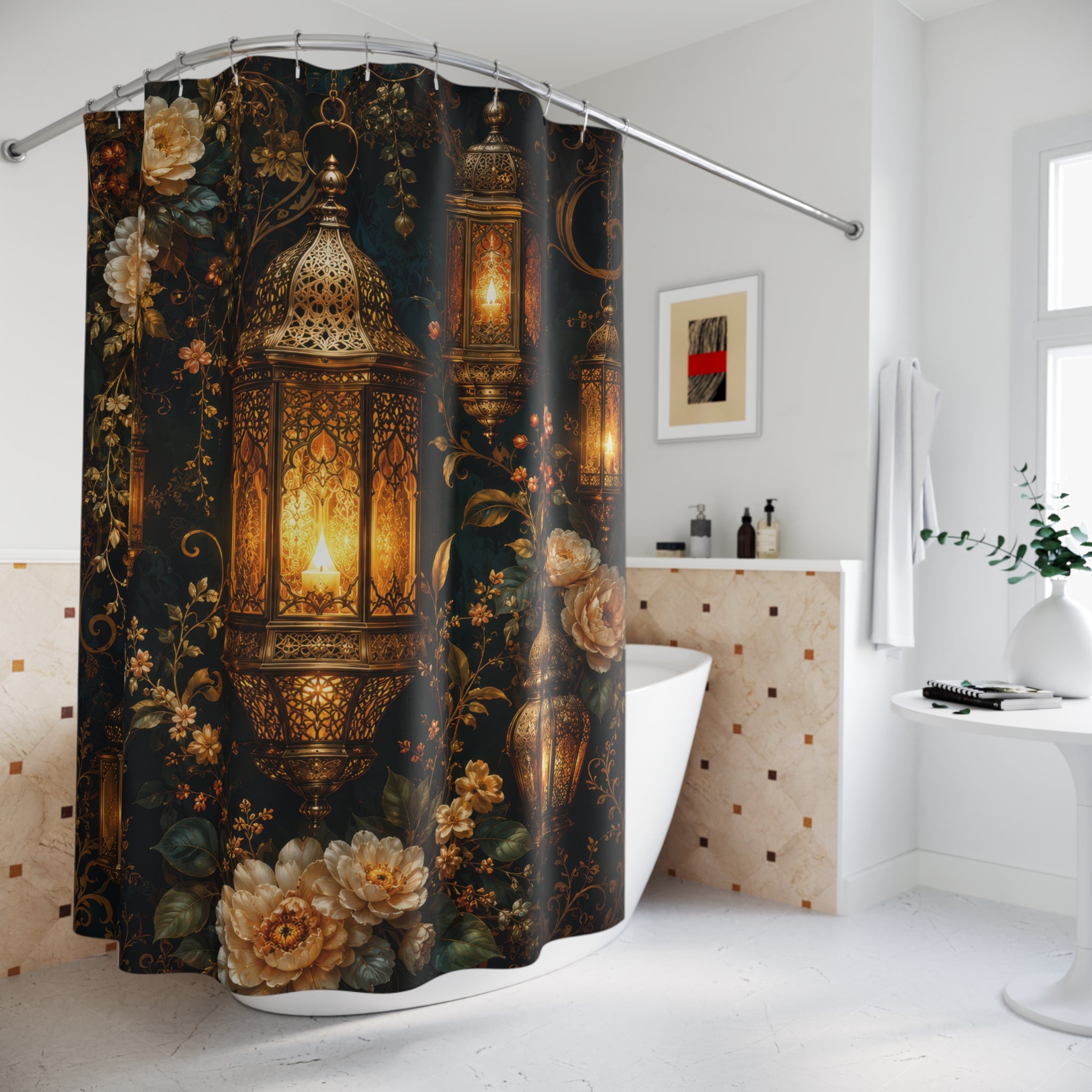 Lantern Shower Curtain: Gold Floral Dark Teal