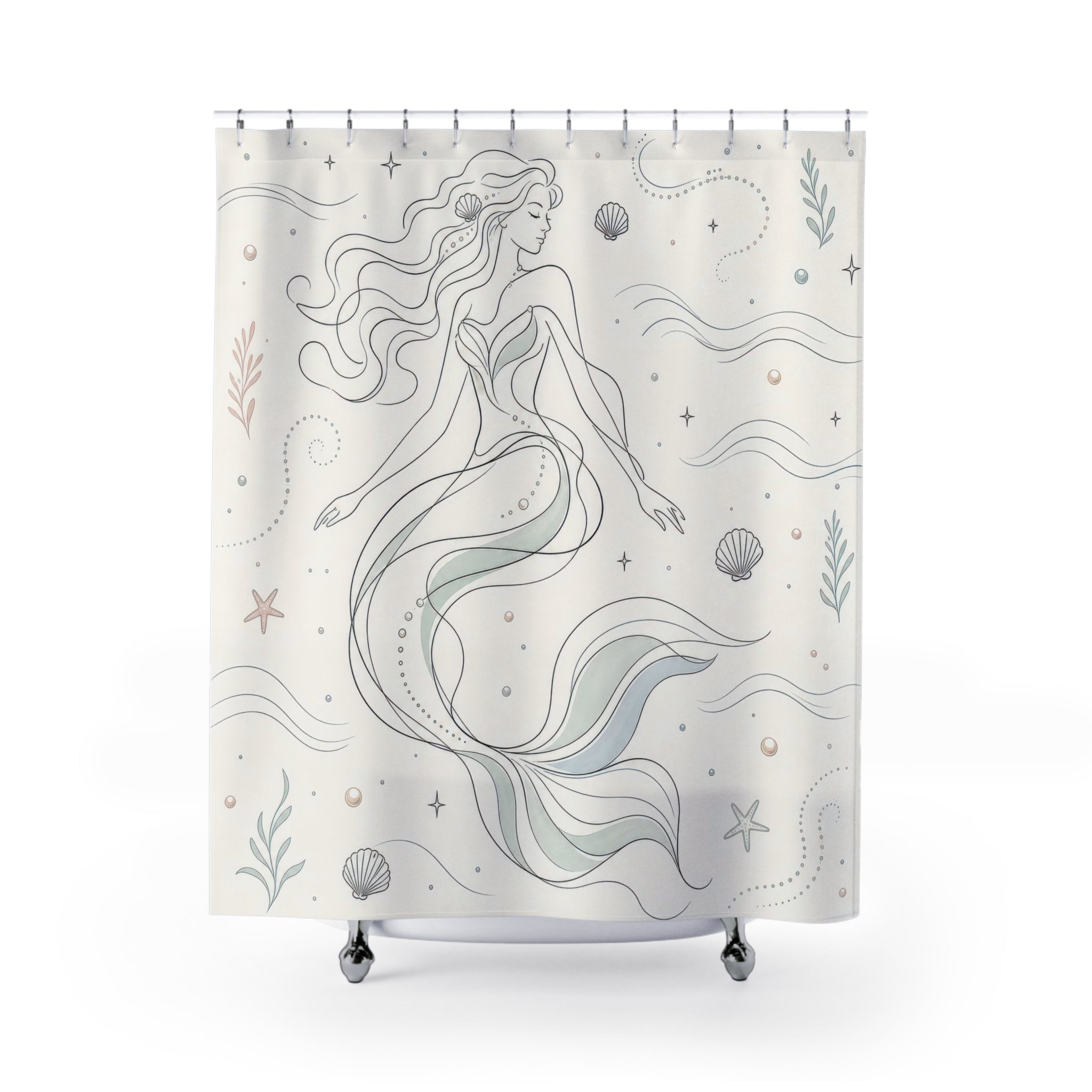 Minimal Line Art Ocean Drawing Shower Curtain