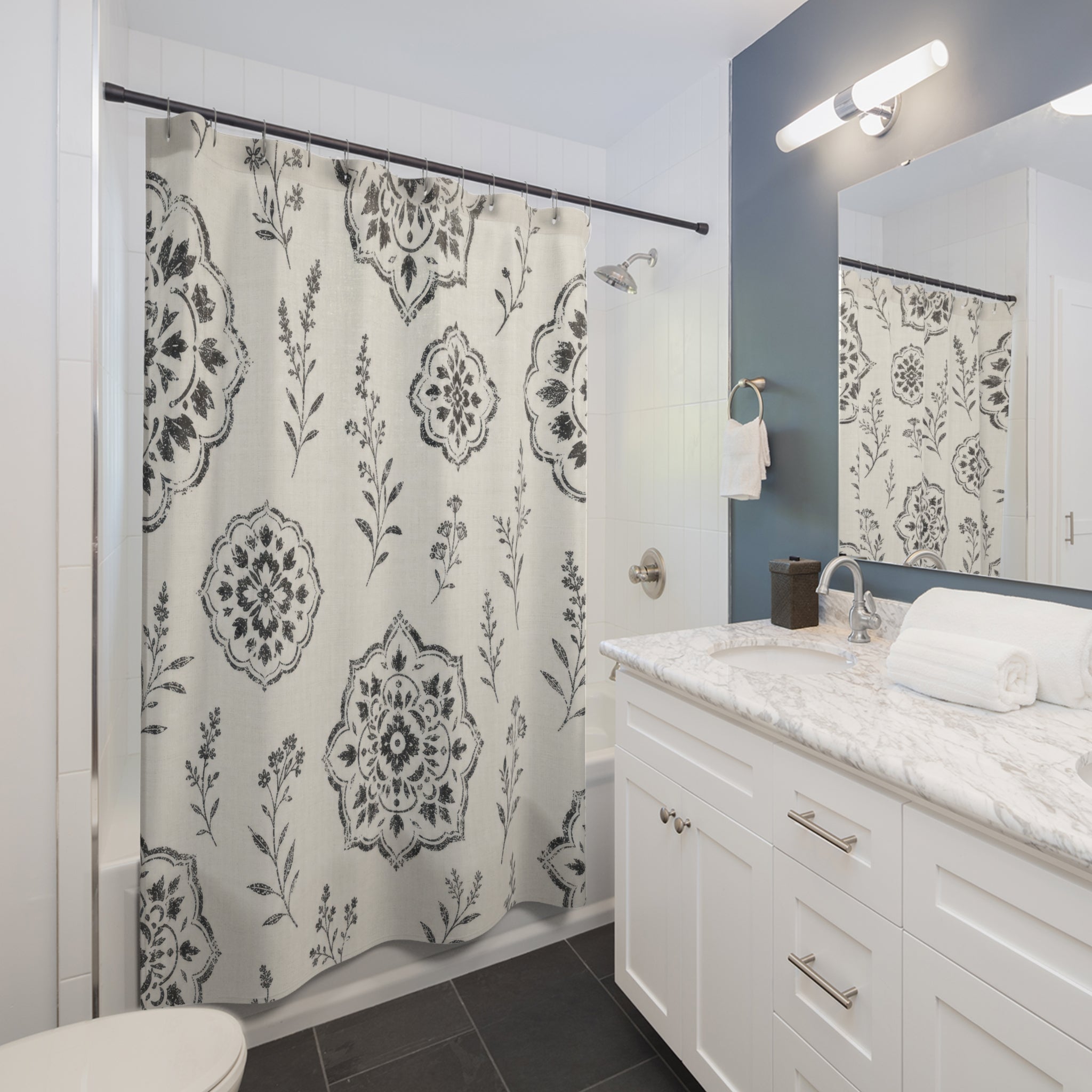 Black White Botanical Medallion Farmhouse Shower Curtain
