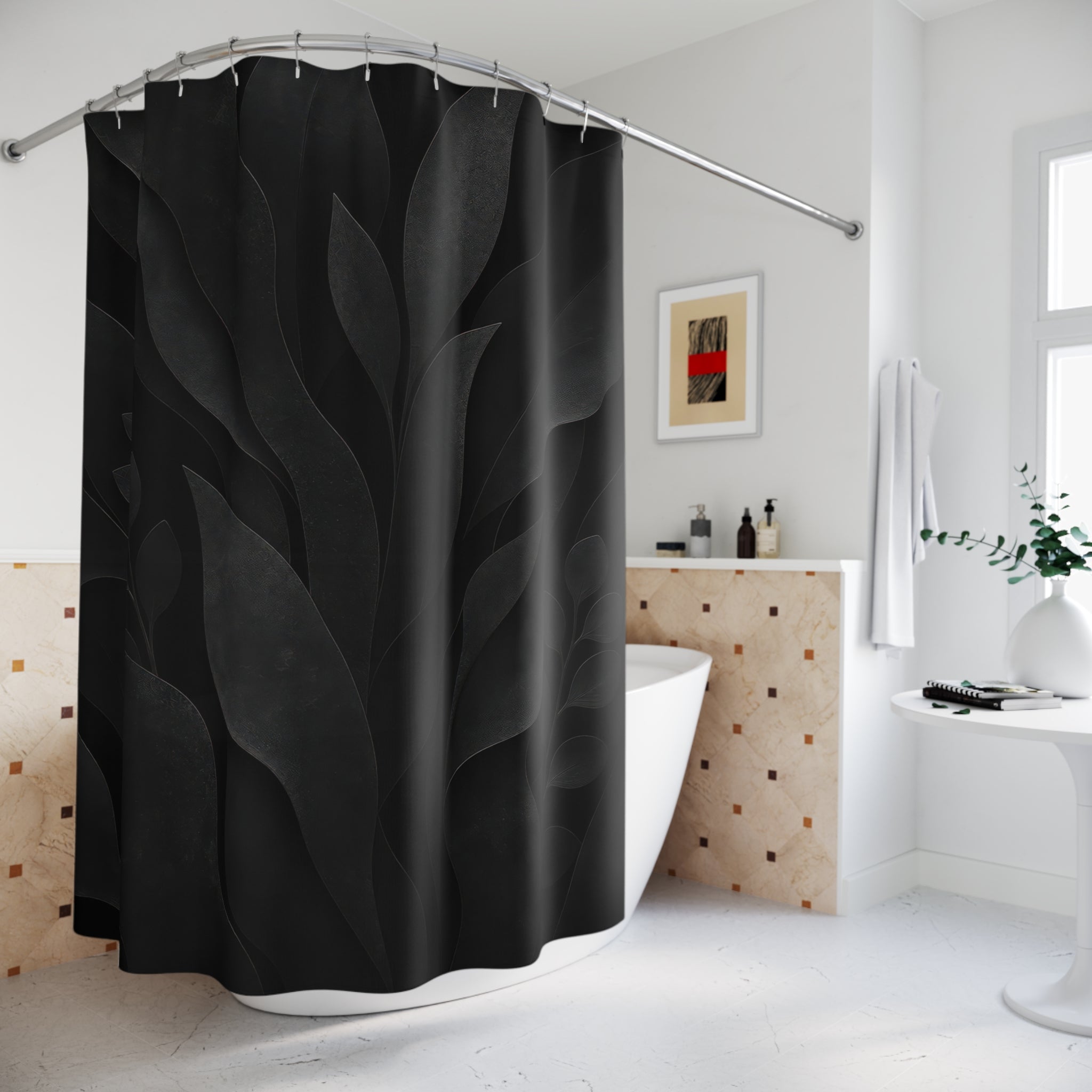 Black Floral Shower Curtain, Dark Botanical Bath Decor, Tone on Tone Leaf Pattern, Moody Guest Bathroom Decor, Black Garden Style Decor