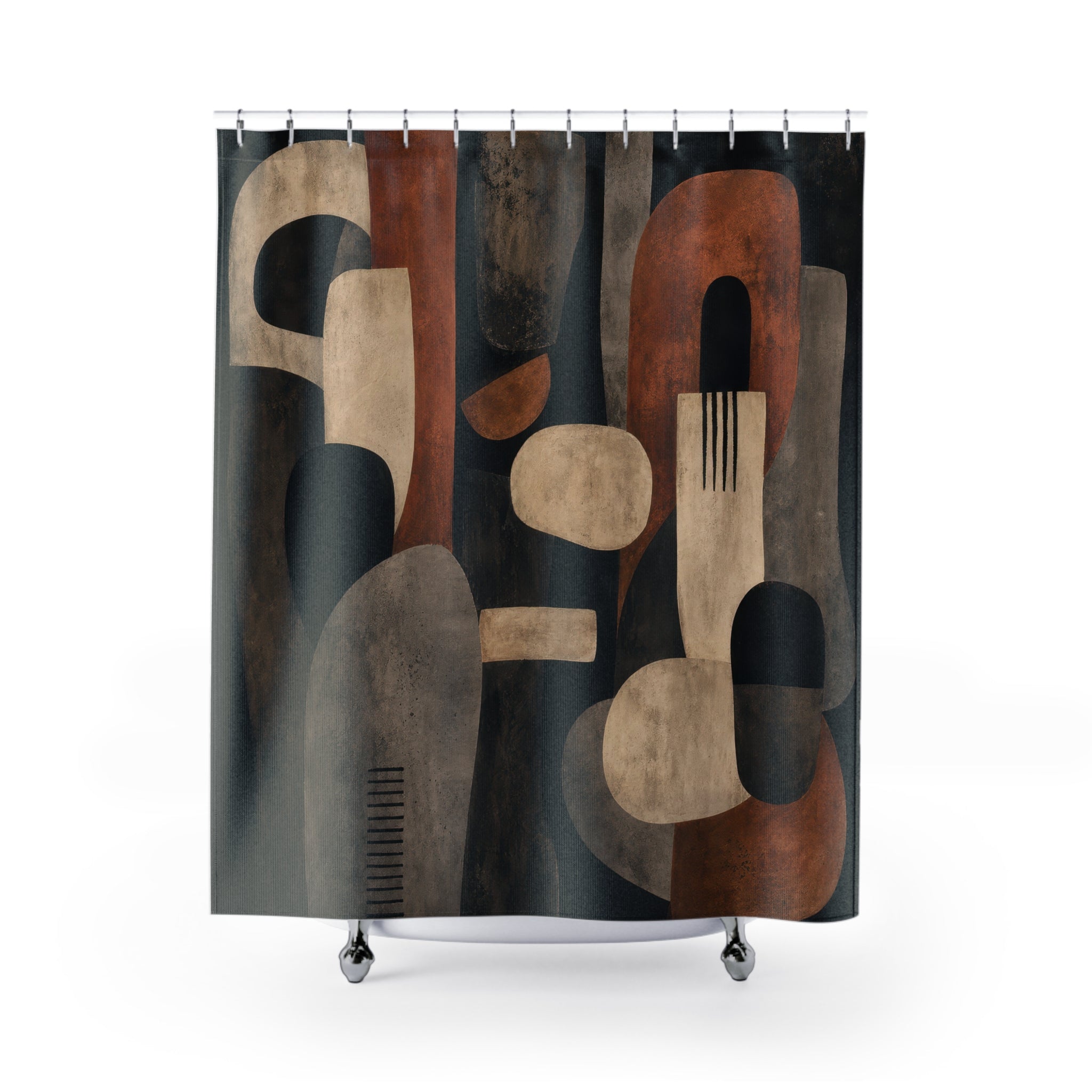 Black Brown Shower Curtain, Mid Century Modern Bath Decor, Rust Cream Geometric Block Pattern, Retro Warm Guest Bathroom Decor Style