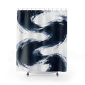 Sweeping navy brushstrokes and pale blue washes on white shower curtain with full front view