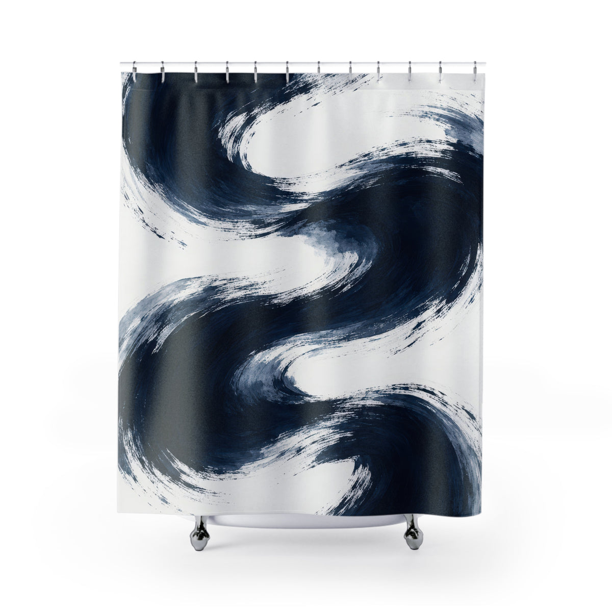Sweeping navy brushstrokes and pale blue washes on white shower curtain with full front view