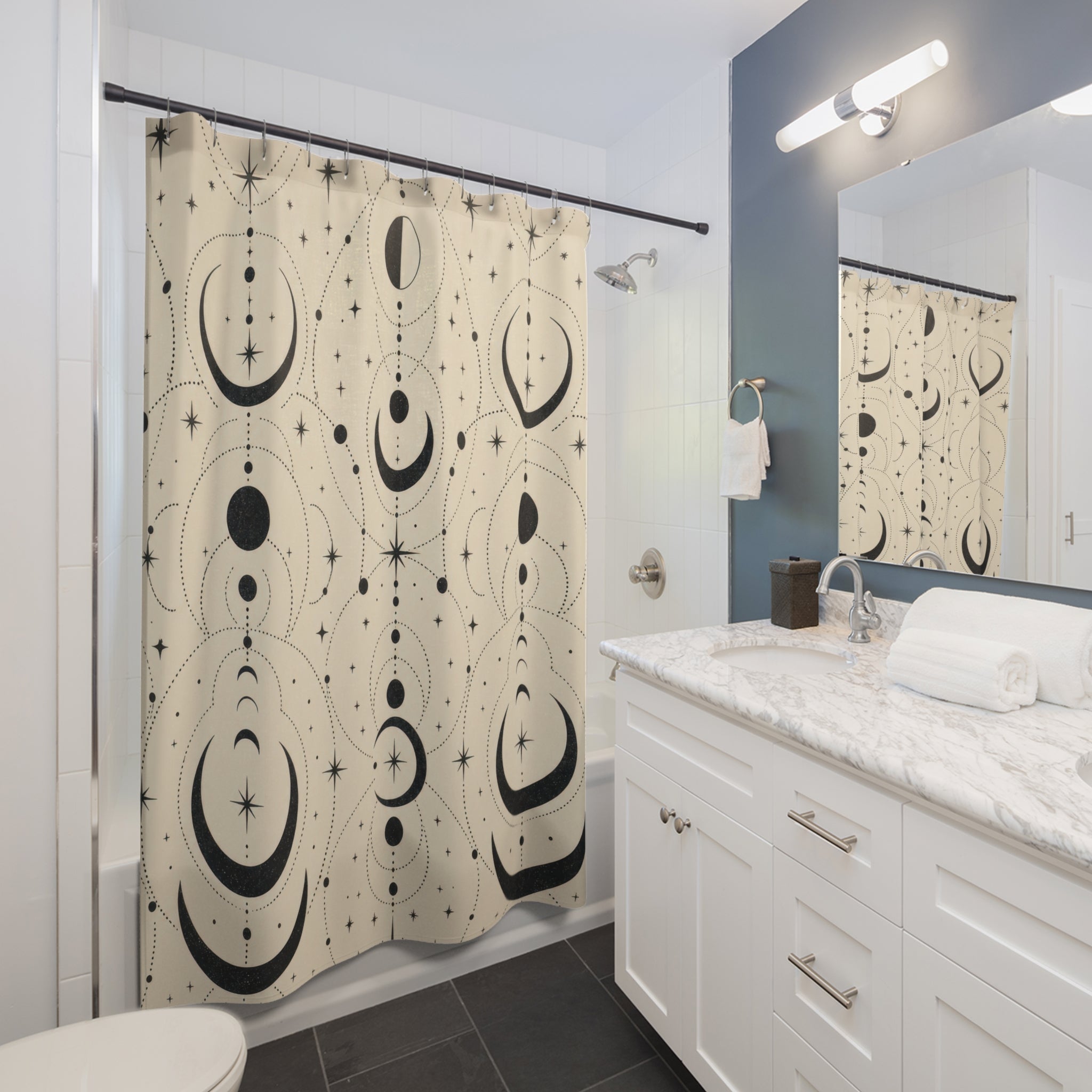 Black Cream Moon Phase Line Shower Curtain