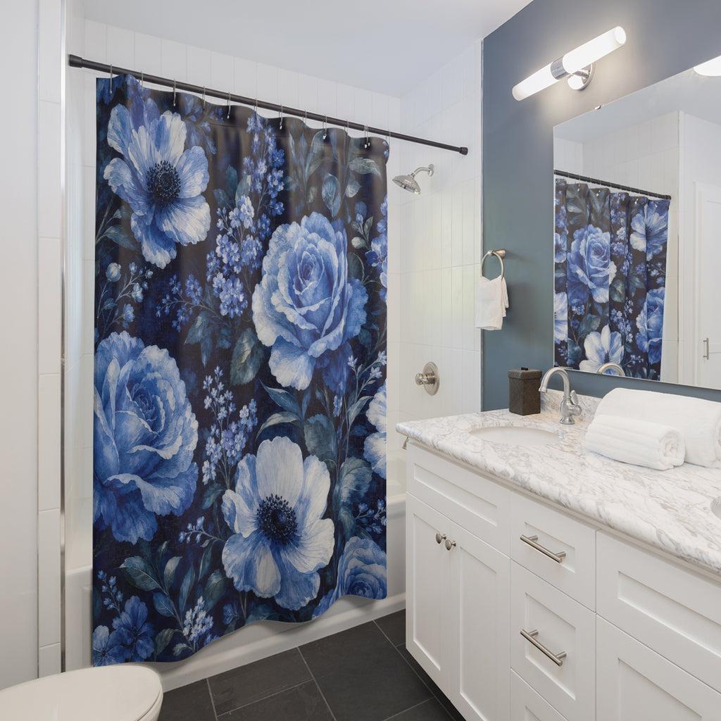 Navy Floral Shower Curtain, Navy Blue Botanical Bathroom Decor, Dark Floral Bath Curtain, Guest Bath Decor, Small Bathroom Decor, Home Decor