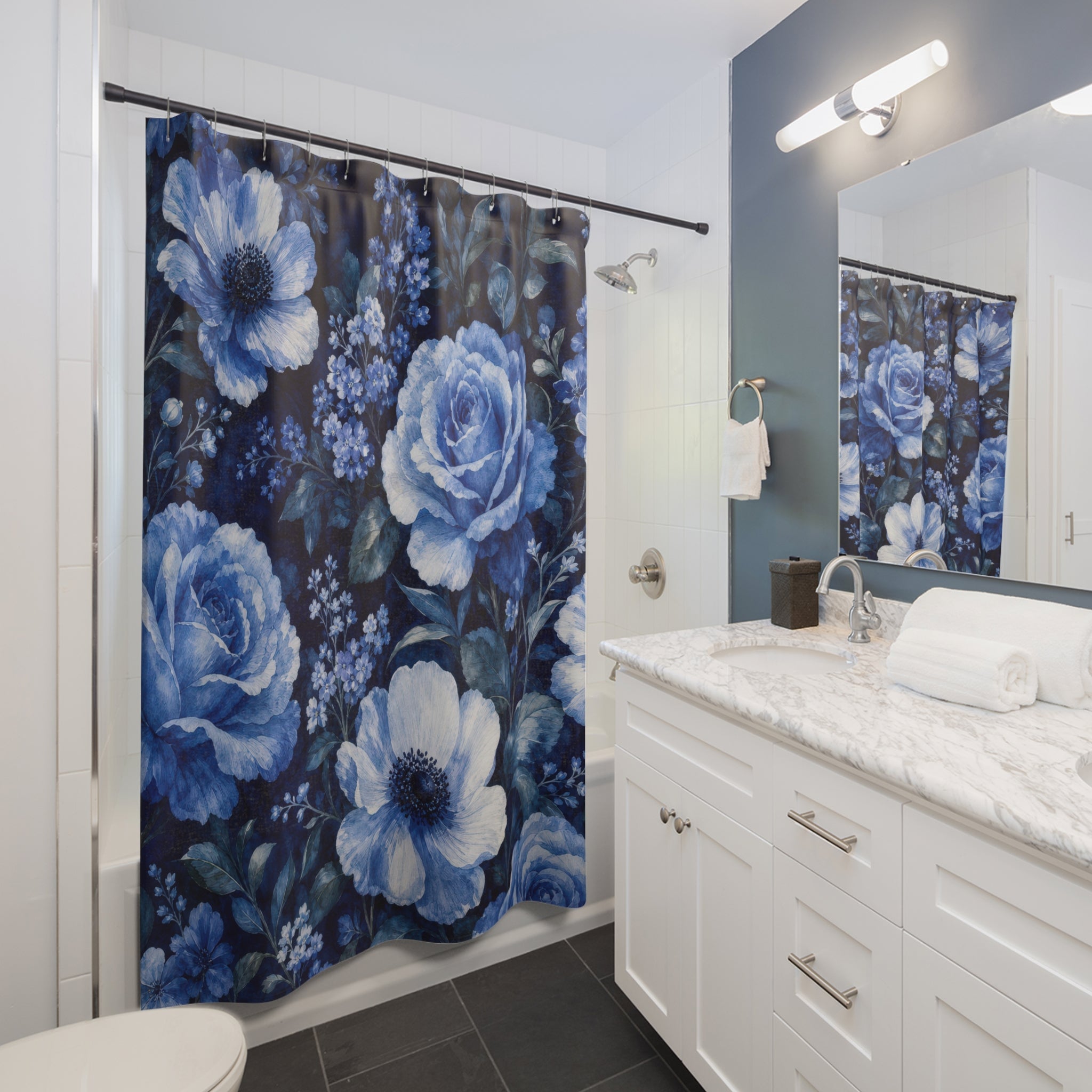 Navy Floral Shower Curtain, Navy Blue Botanical Bathroom Decor, Dark Floral Bath Curtain, Guest Bath Decor, Small Bathroom Decor, Home Decor