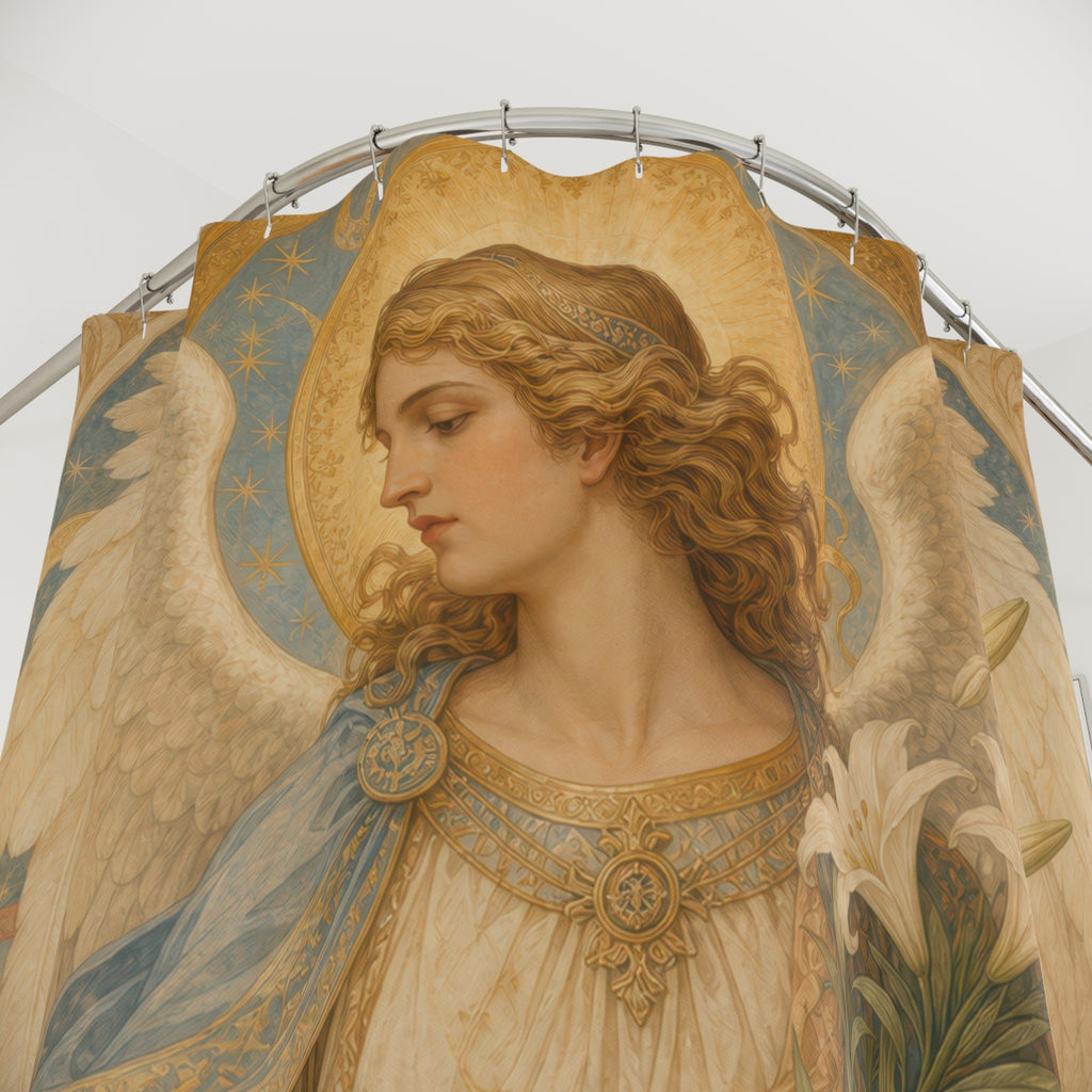 Archangel Gabriel Shower Curtain, Messenger Angel With Lilies, Blue White Renaissance Spiritual Bathroom Decor, Devotional Art, Lily Art