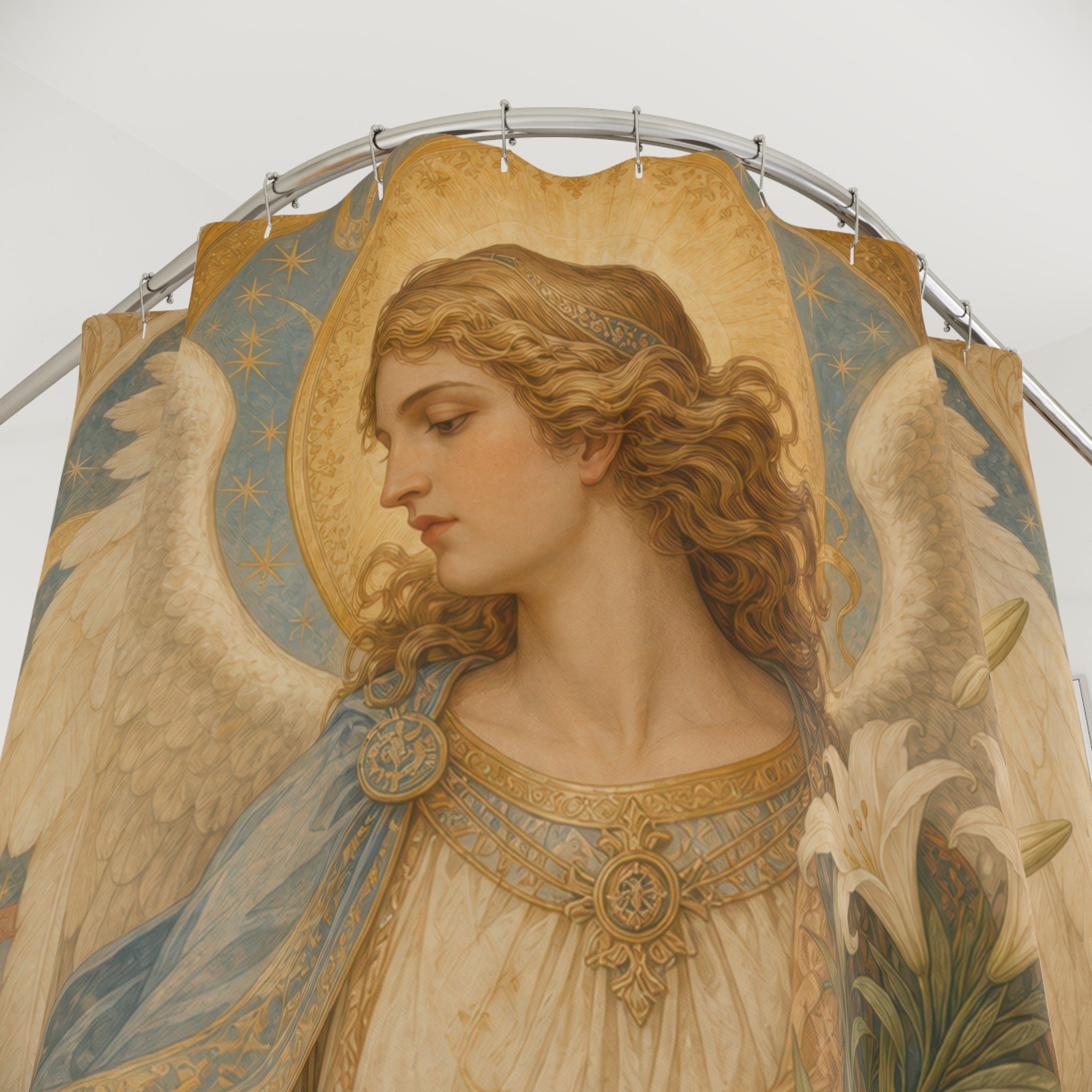 Archangel Gabriel Shower Curtain, Messenger Angel With Lilies, Blue White Renaissance Spiritual Bathroom Decor, Devotional Art, Lily Art