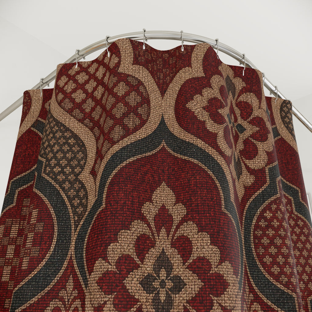 Teal Geometric Burgundy Damask Shower Curtain