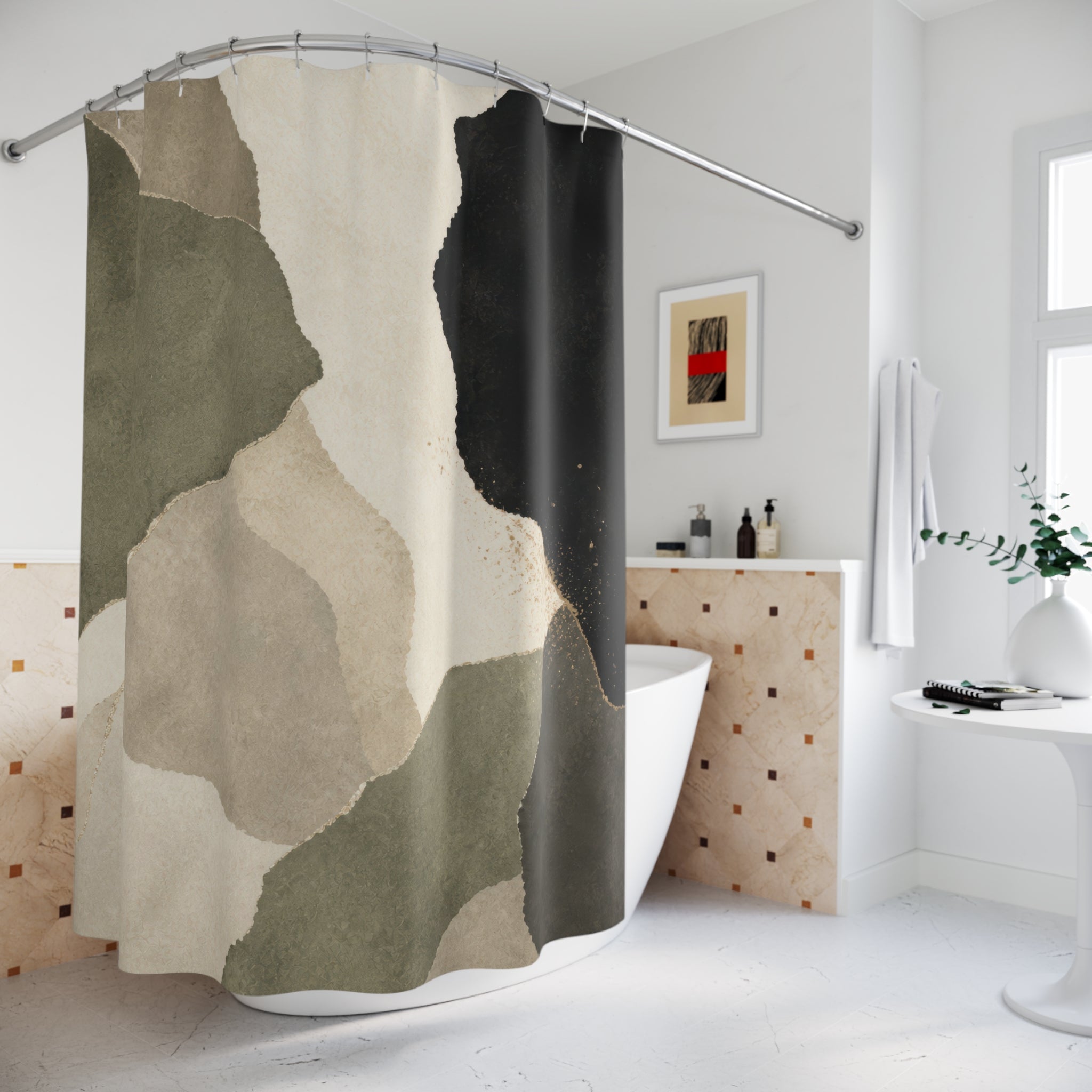 Sage Cream Abstract Black Beige Shower Curtain