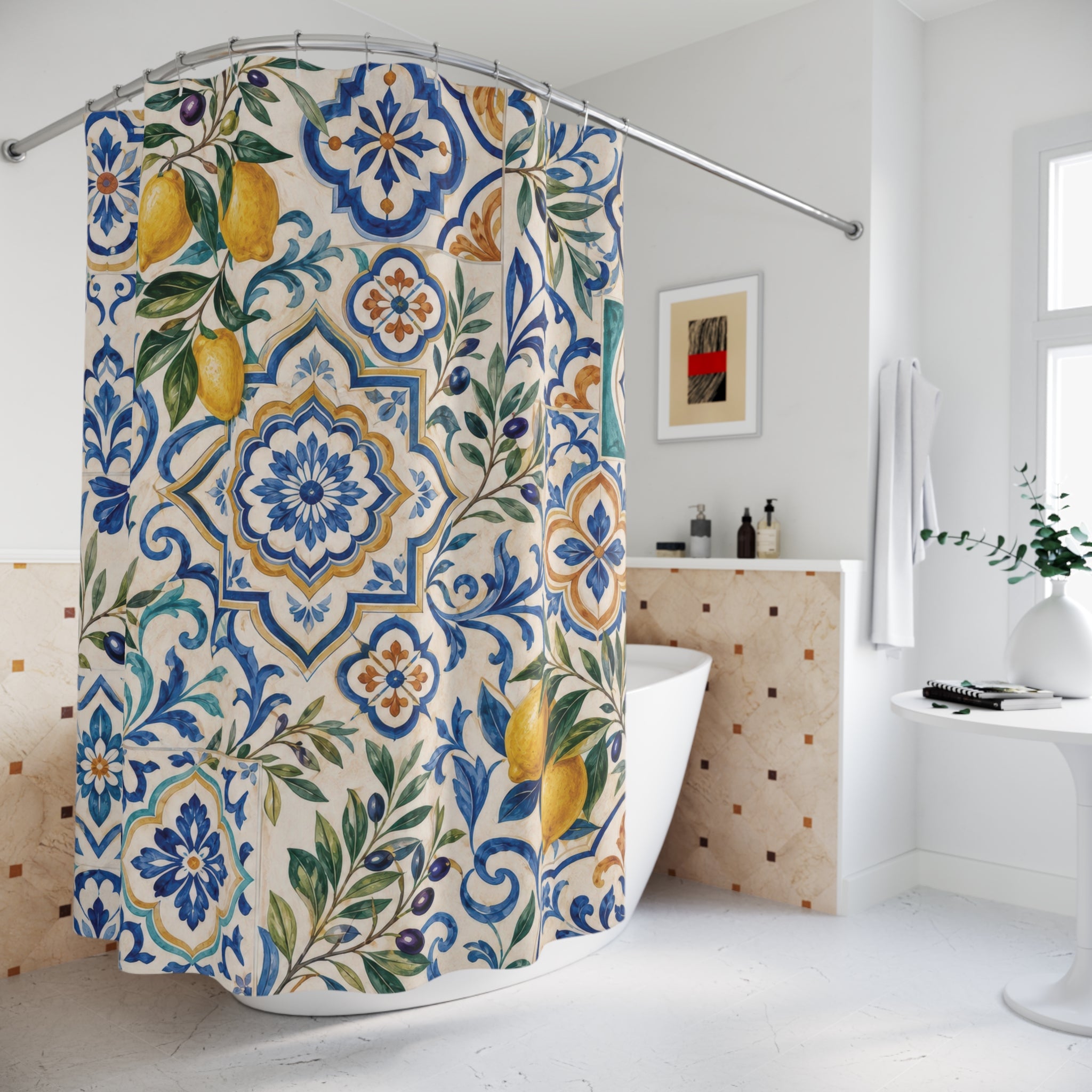 Mediterranean Shower Curtain: Blue Yellow Tile Pattern Lemons
