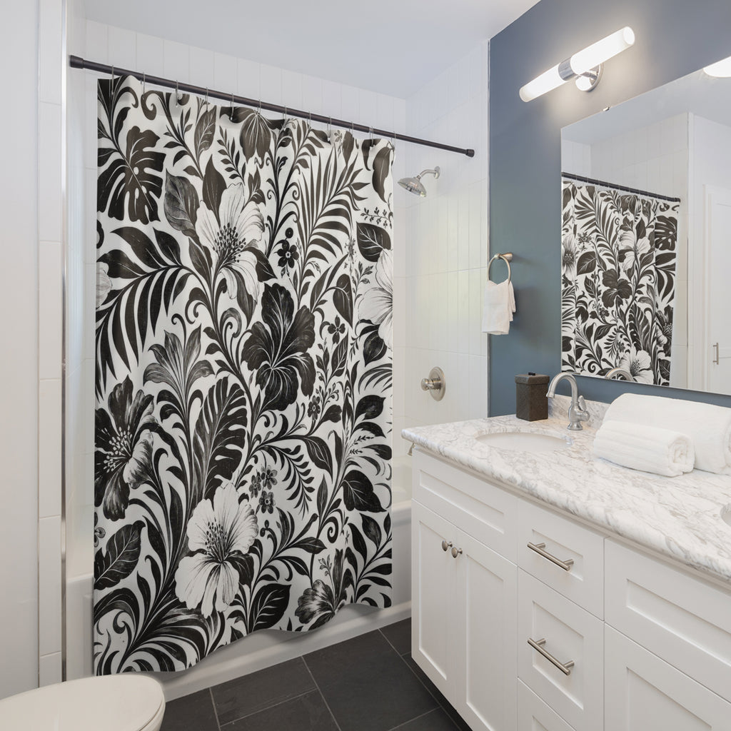 Black White Botanical Shower Curtain