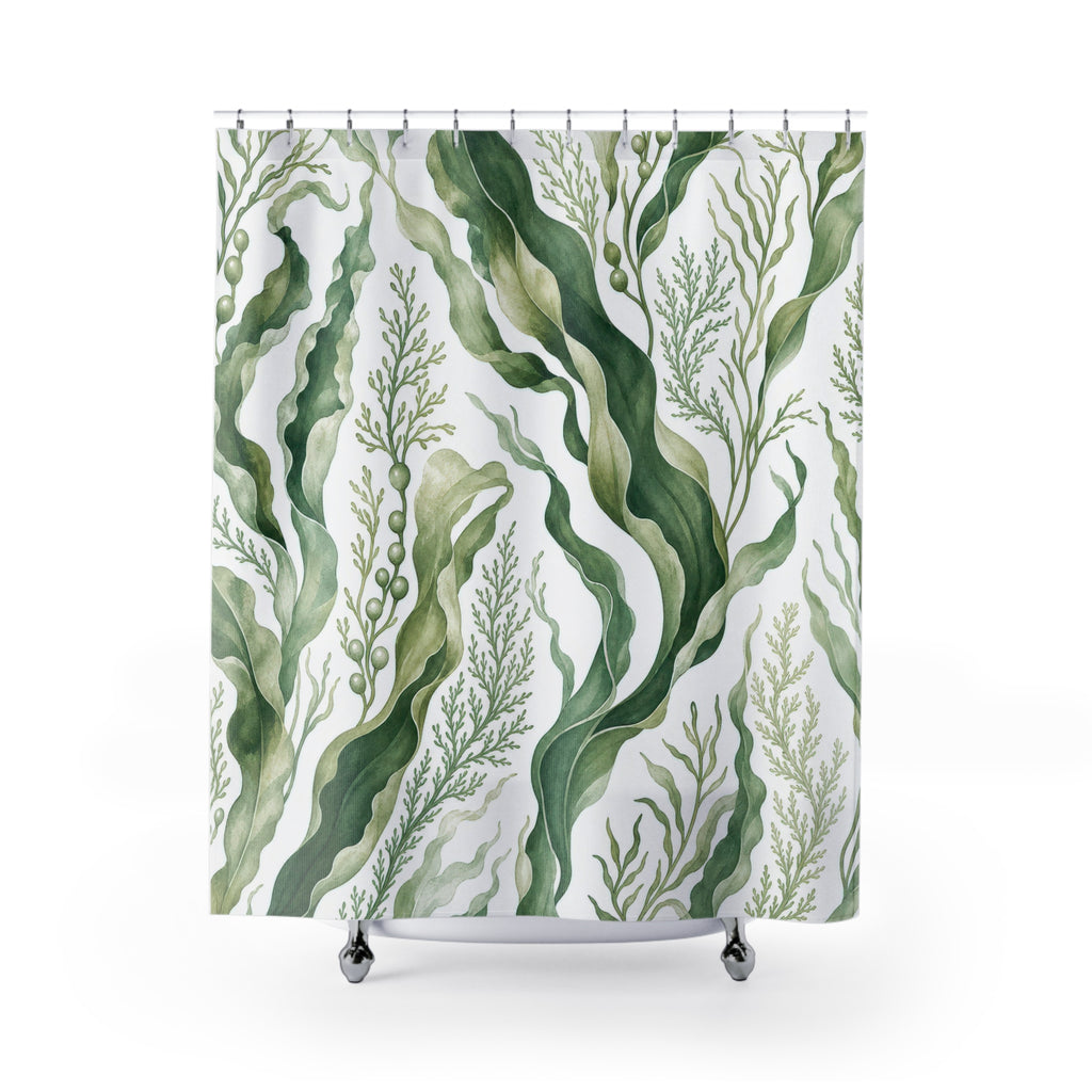 Green White Watercolor Seaweed botanical shower curtain with full front view