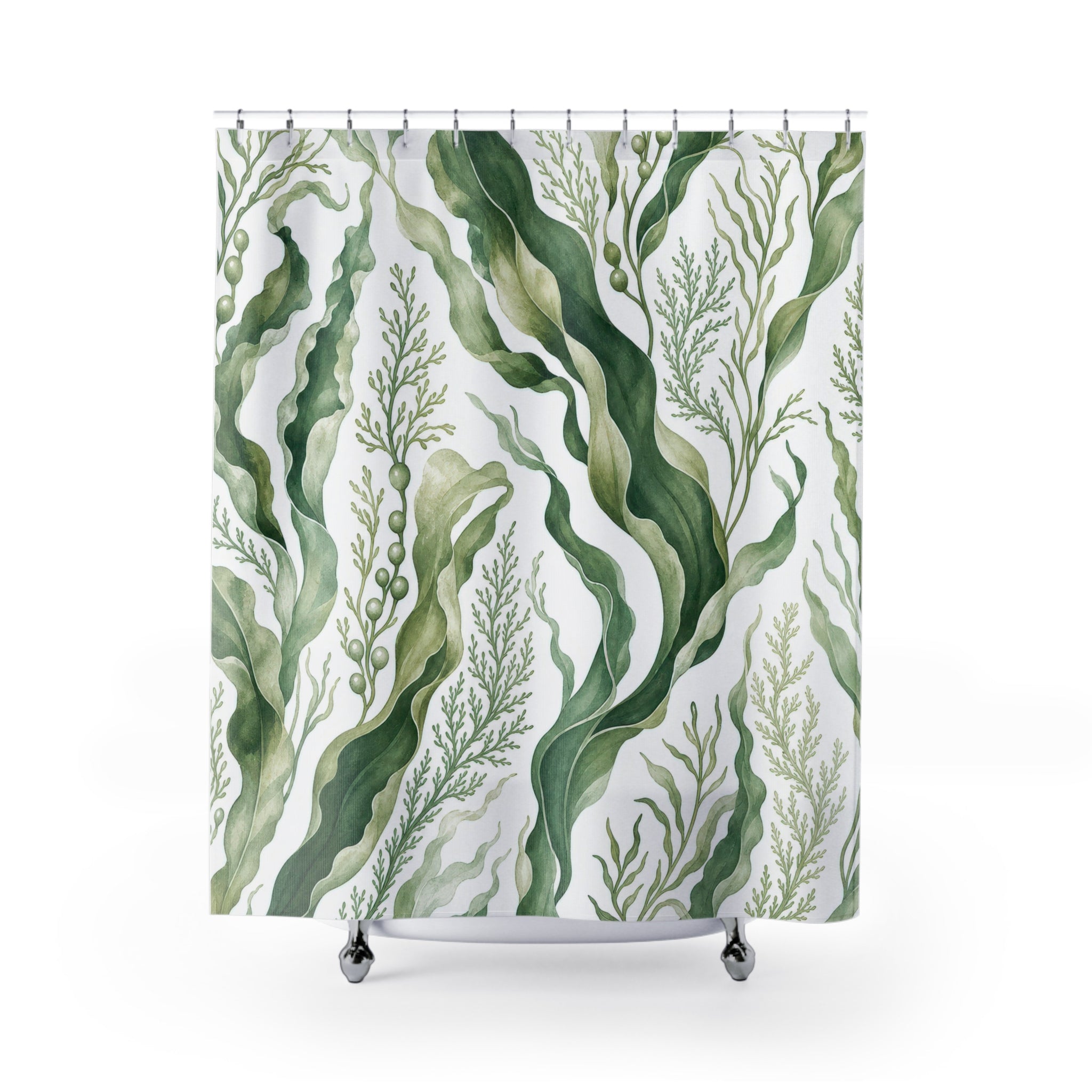Green White Watercolor Seaweed Shower Curtain