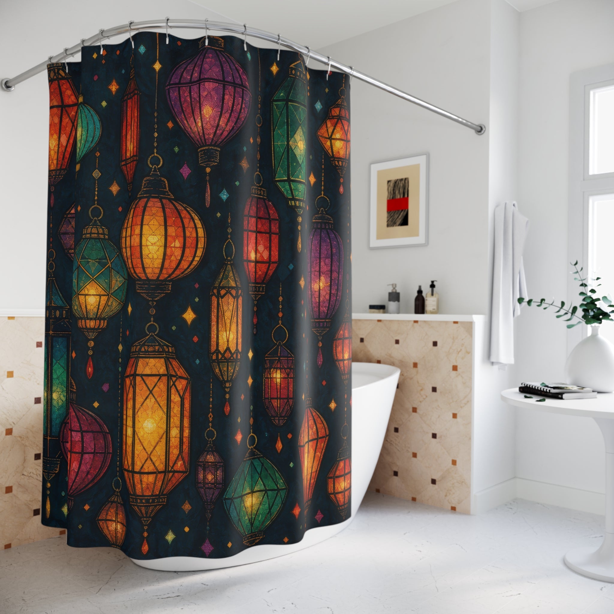 Jewel Tone Glowing Lantern Boho Shower Curtain