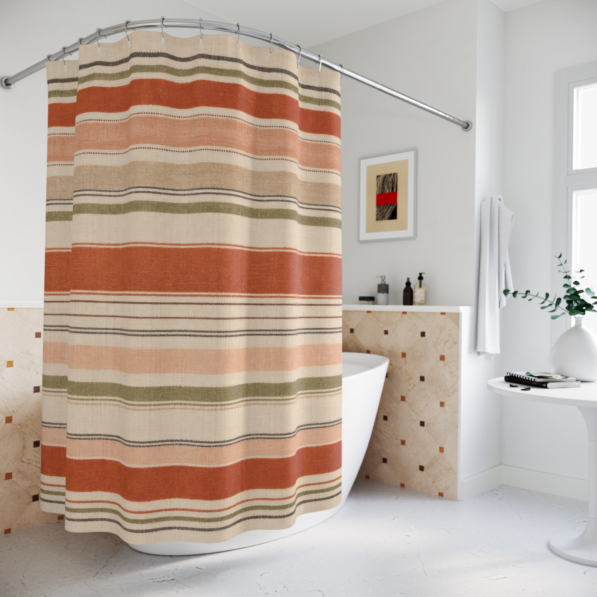 Navy Ivory Watercolor Vertical Stripe Shower Curtain