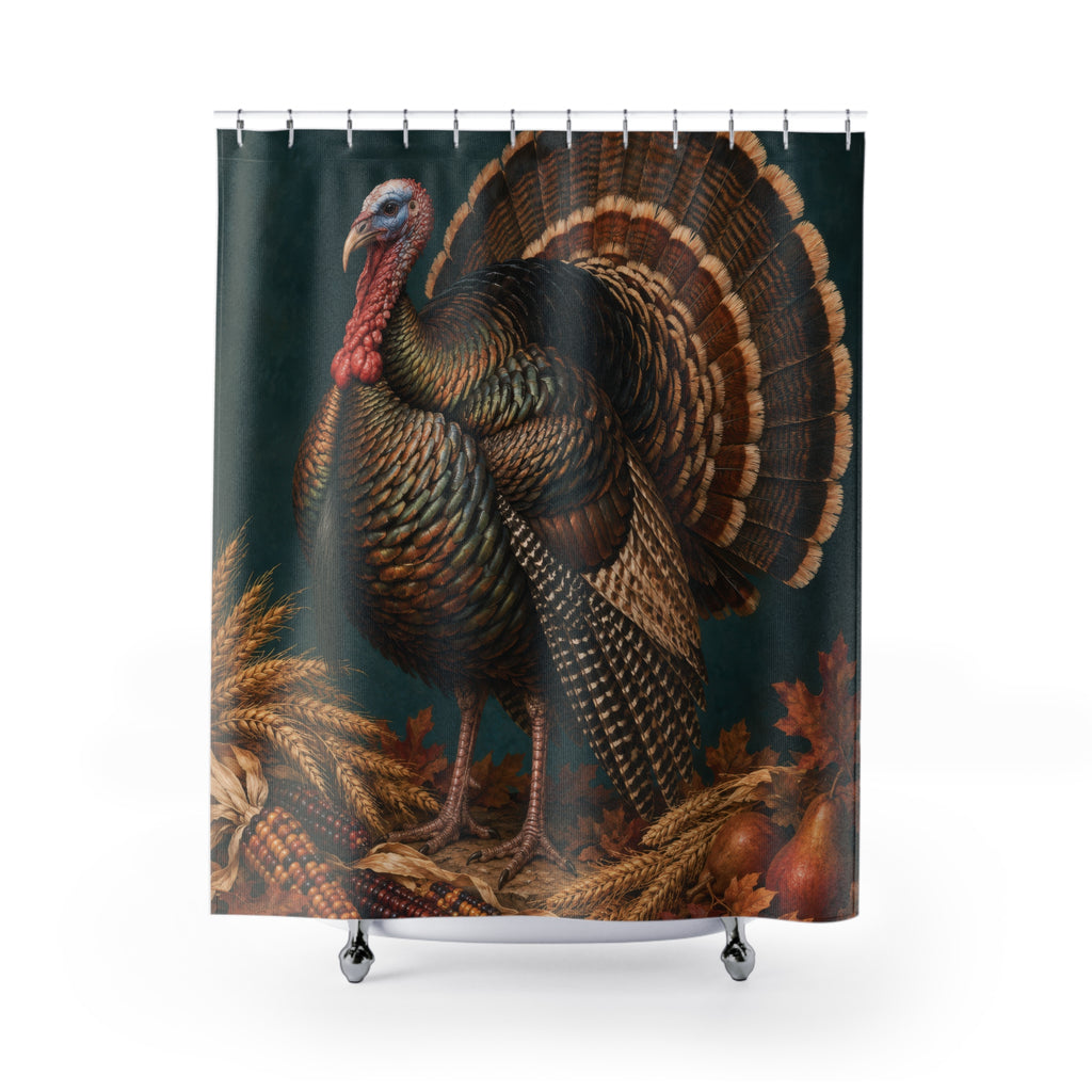 Bronze turkey with harvest wheat and corn on deep teal shower curtain with full front view