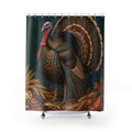 Bronze turkey with harvest wheat and corn on deep teal shower curtain with full front view