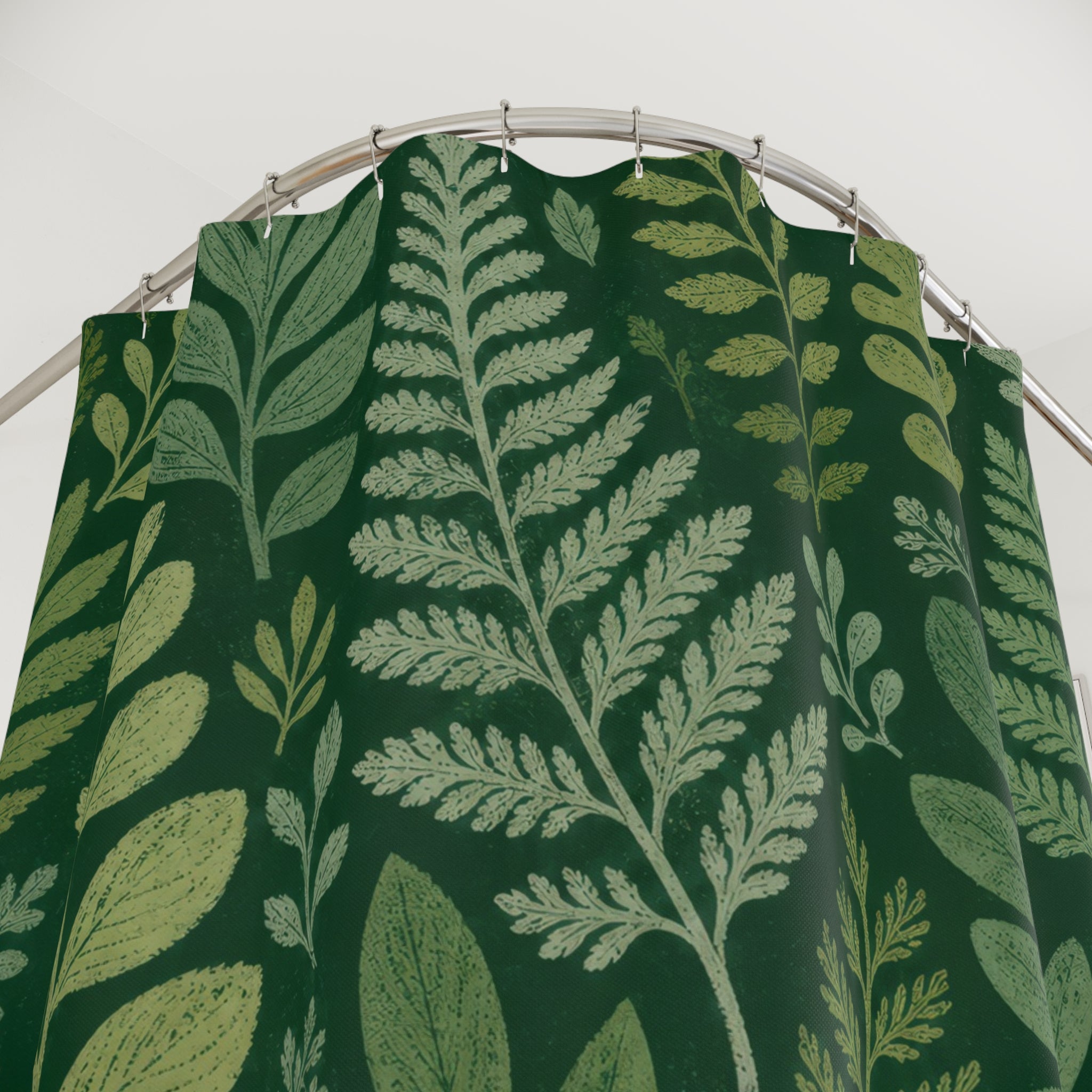 Green Boho Shower Curtain, Botanical Leaf Bath Decor, Fern Pattern, Sage Forest Guest Bathroom Decor, Natural Bohemian Style