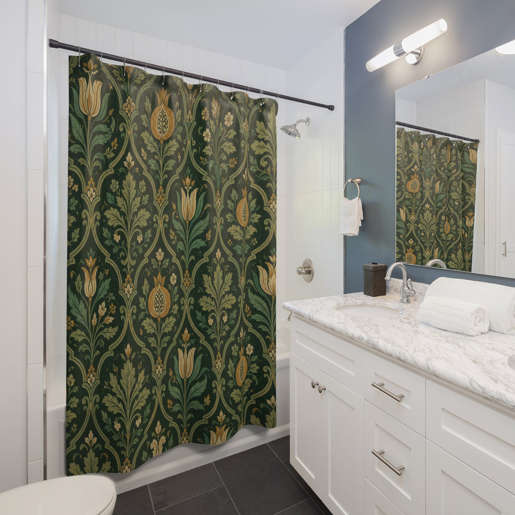 Dark green Jacobean ogee floral shower curtain beside a white vanity