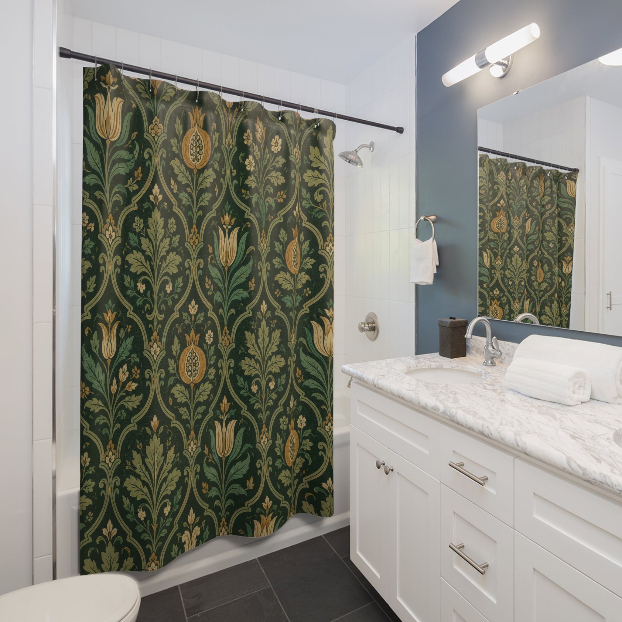 Dark green Jacobean ogee floral shower curtain beside a white vanity