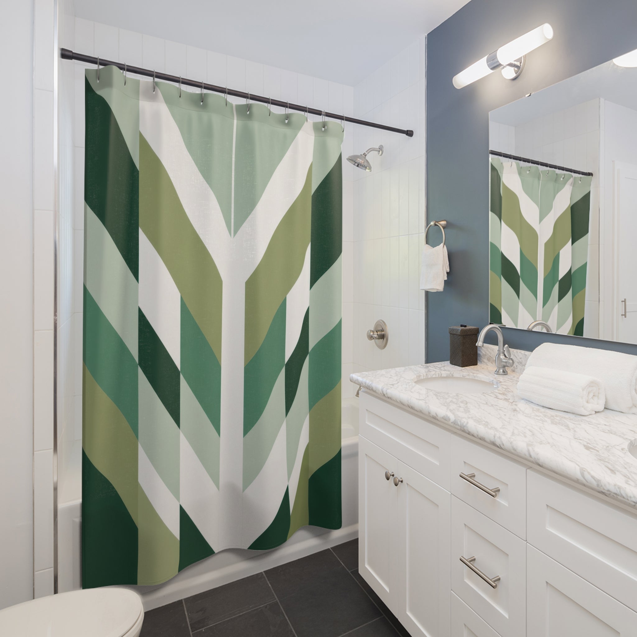 Green Stripe Shower Curtain, White Chevron Bath Decor, Sage Geometric Pattern, Modern Guest Bathroom Decor, Angled Green Style Decor