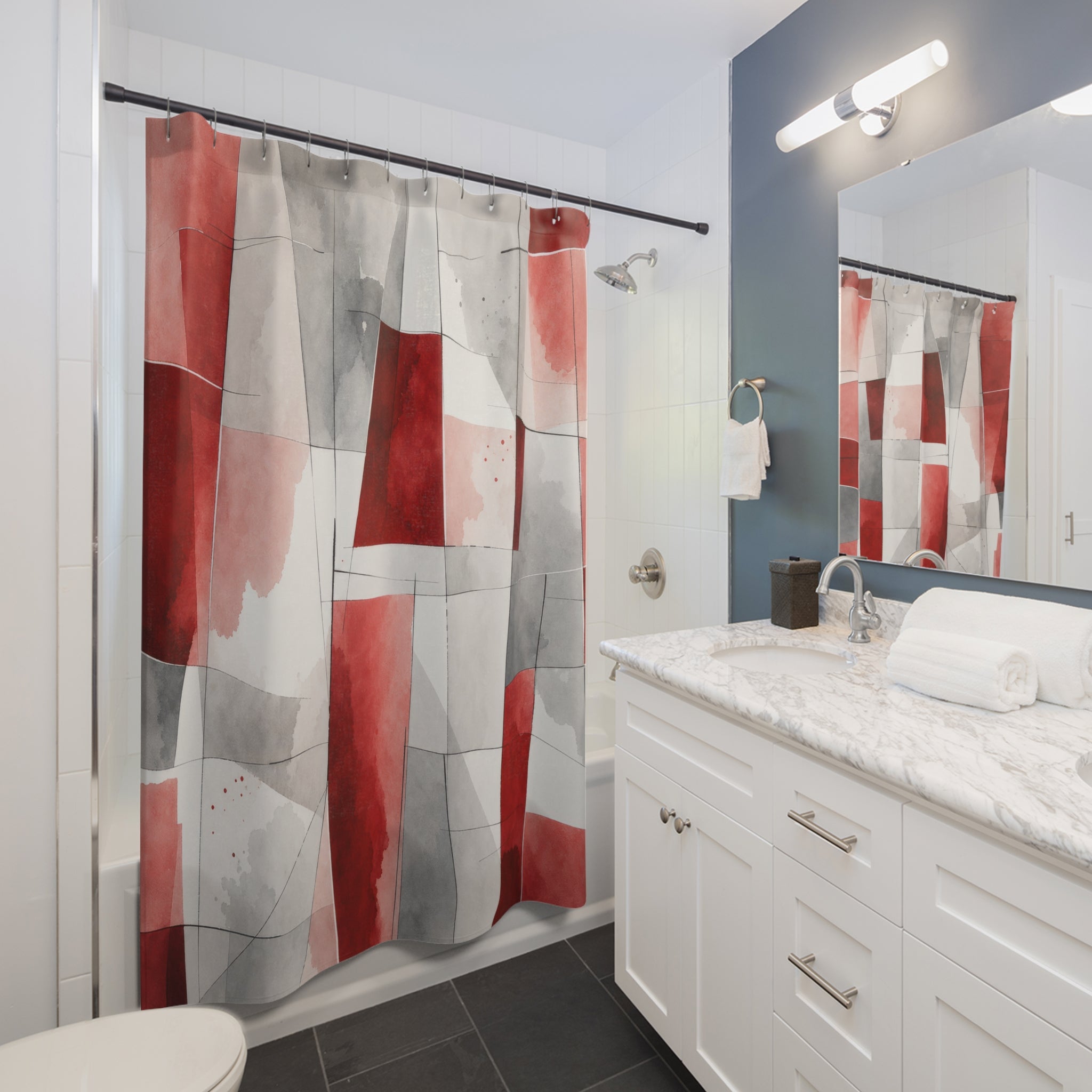 Red Gray Watercolor Abstract Shower Curtain