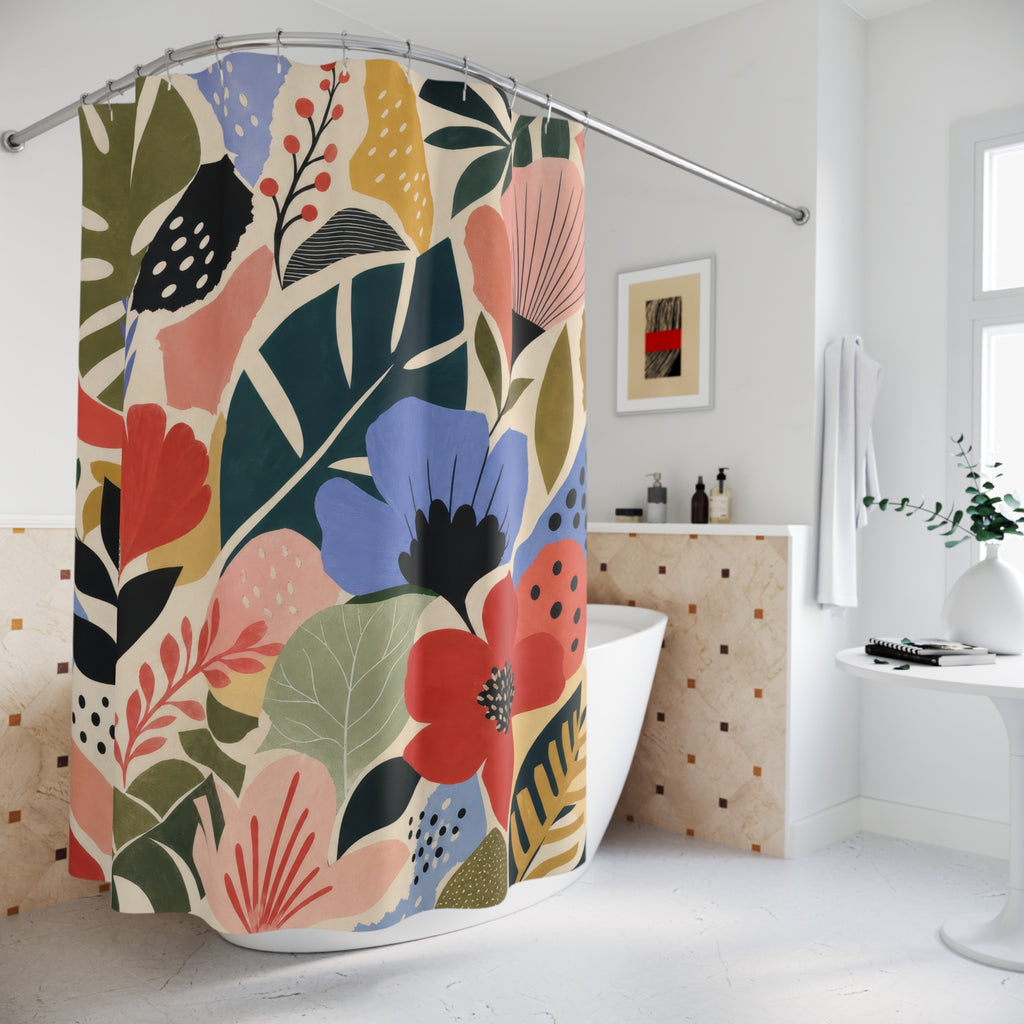 Modern Tropical Floral Shower Curtain, Coral Green Boho Bathroom Decor, Large Flower Bath Curtain, Guest Bathroom Decor, Tropical Decor