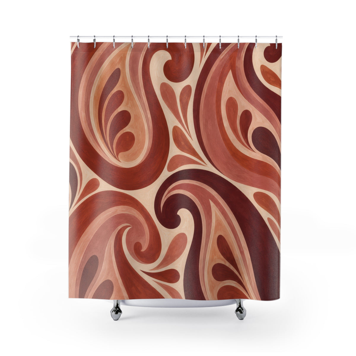Oversized terracotta, blush and wine paisley curls shower curtain with full front view