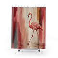 Flamingo stepping through crimson and blush painted bands shower curtain with full front view