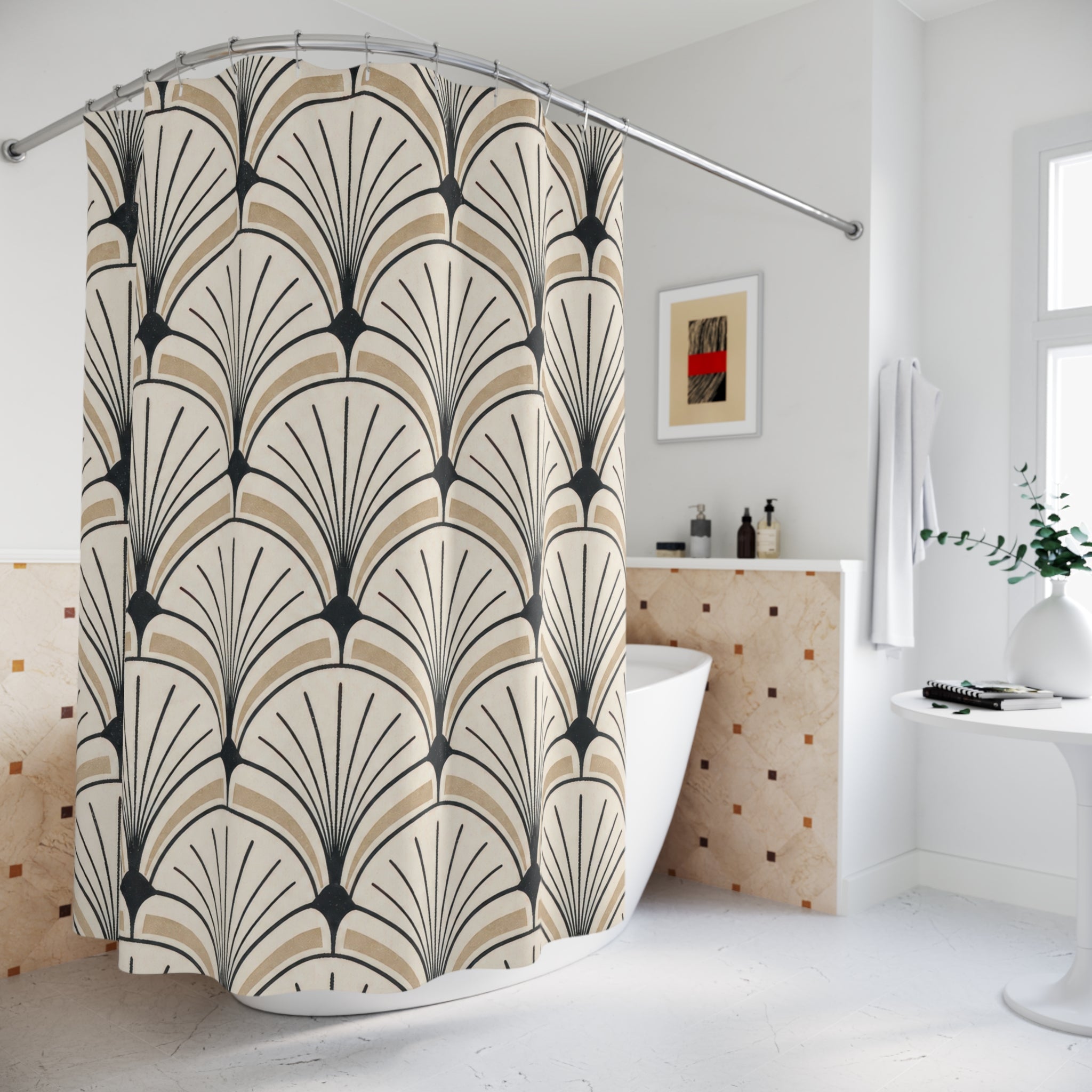 Black Beige Fan Arch Shower Curtain