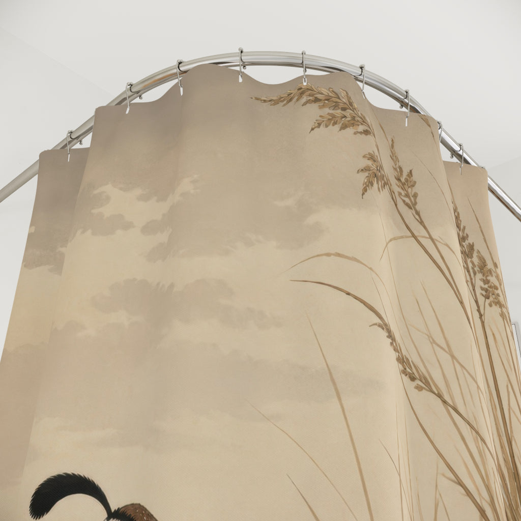 Patterned quail standing among tall taupe dried meadow grasses shower curtain with close-up print, hooks, and folds