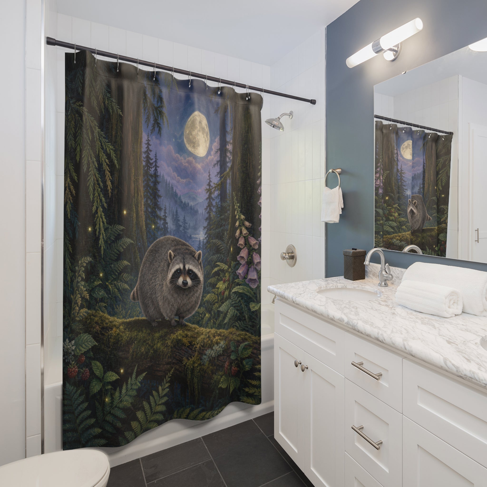 Jimothy Raccoon Moonlit Forest Shower Curtain