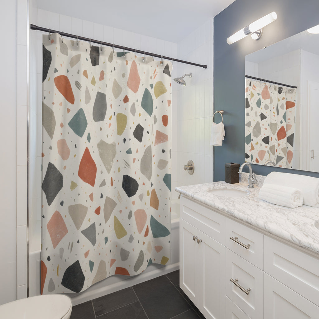 Terrazzo Shower Curtain, Coral Black Beige Speckled Abstract Stone Look, Modern Geometric Art Bathroom Decor, Warm Neutral Bath Style