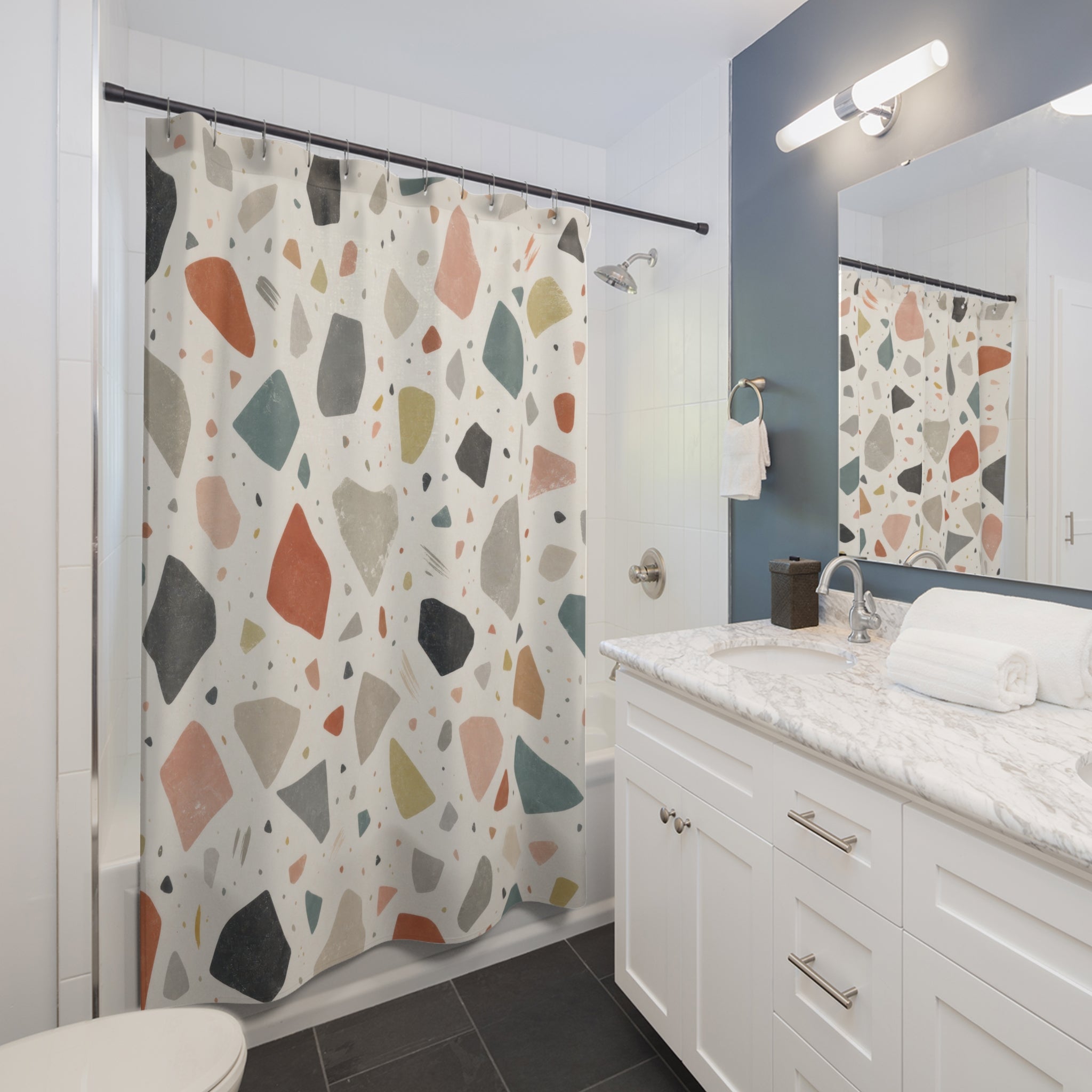Terrazzo Shower Curtain, Coral Black Beige Speckled Abstract Stone Look, Modern Geometric Art Bathroom Decor, Warm Neutral Bath Style