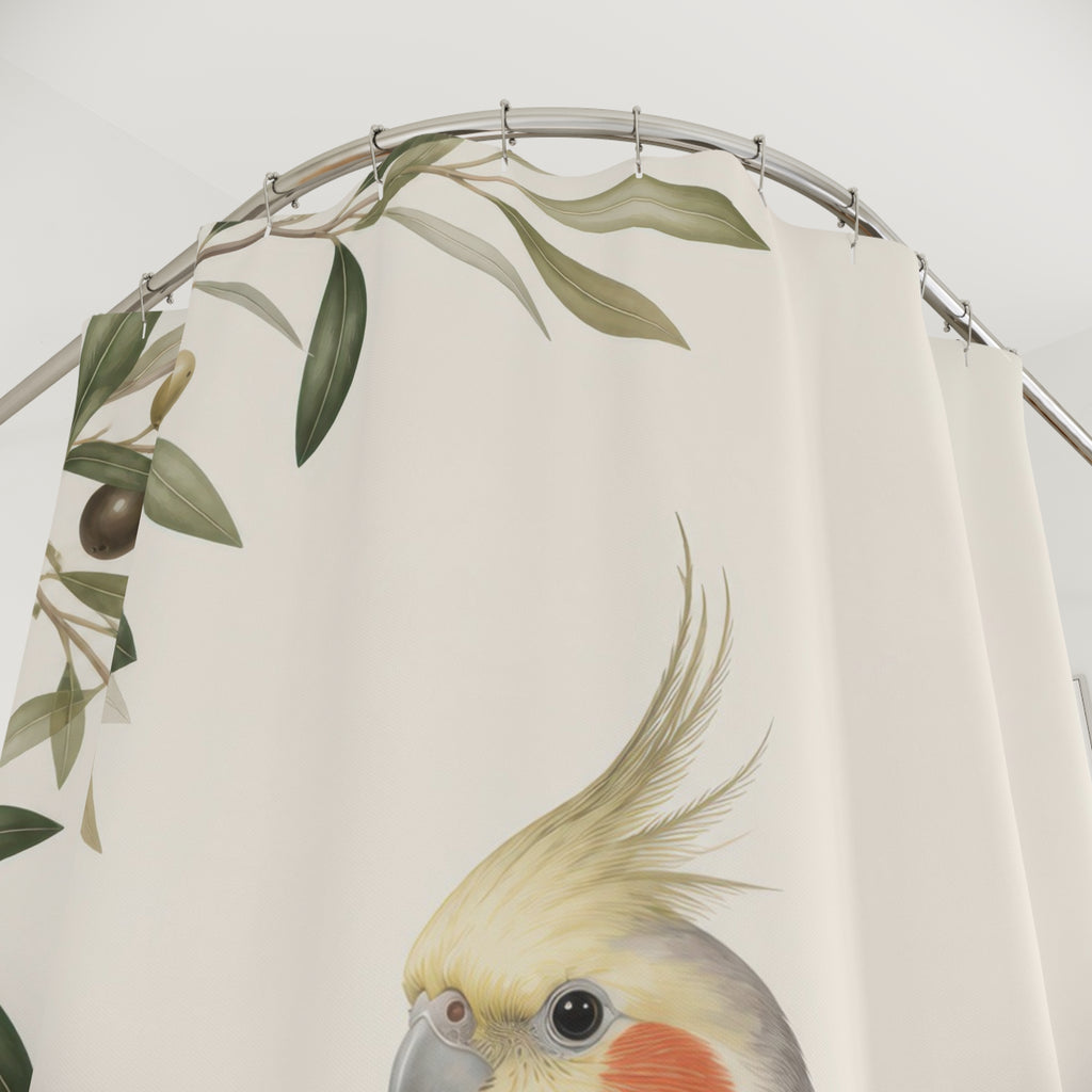 Close-up of Grey cockatiel framed by airy olive branches on warm ivory shower curtain with hooks and folds