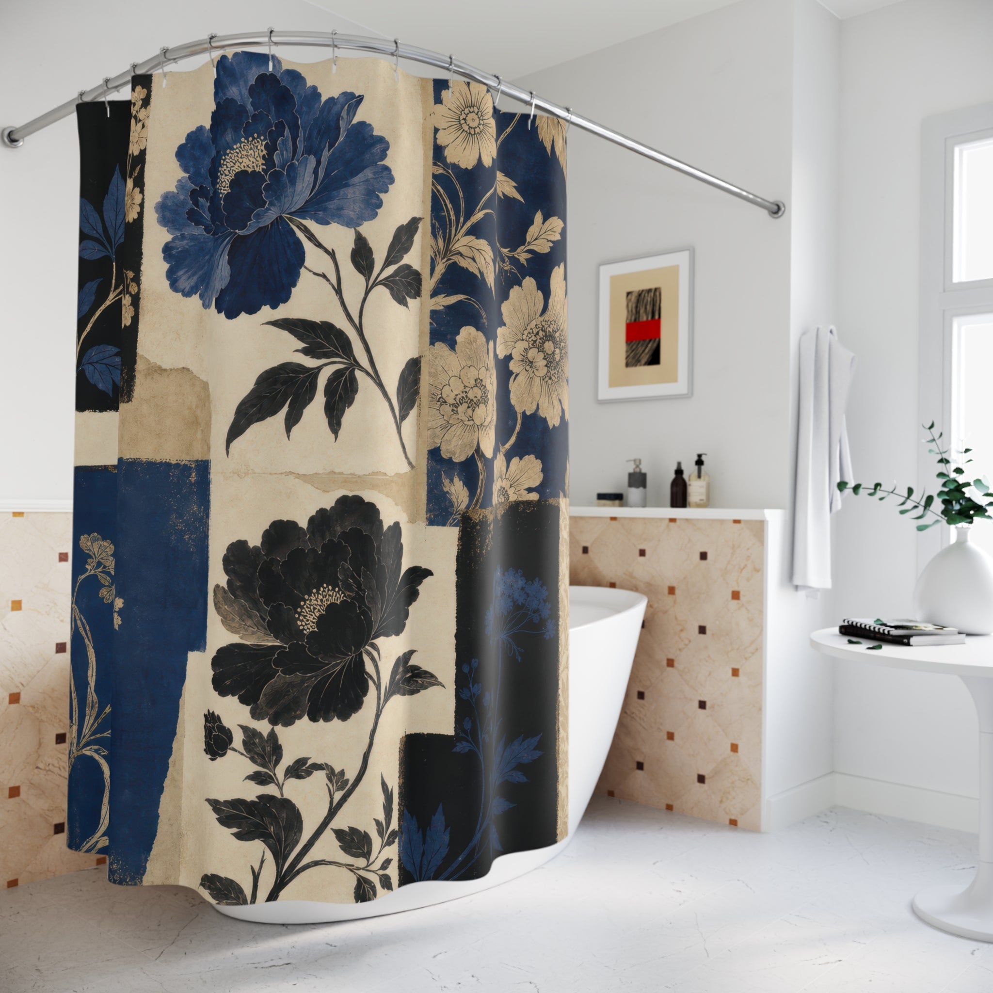 Navy Black Botanical Blue Floral Shower Curtain