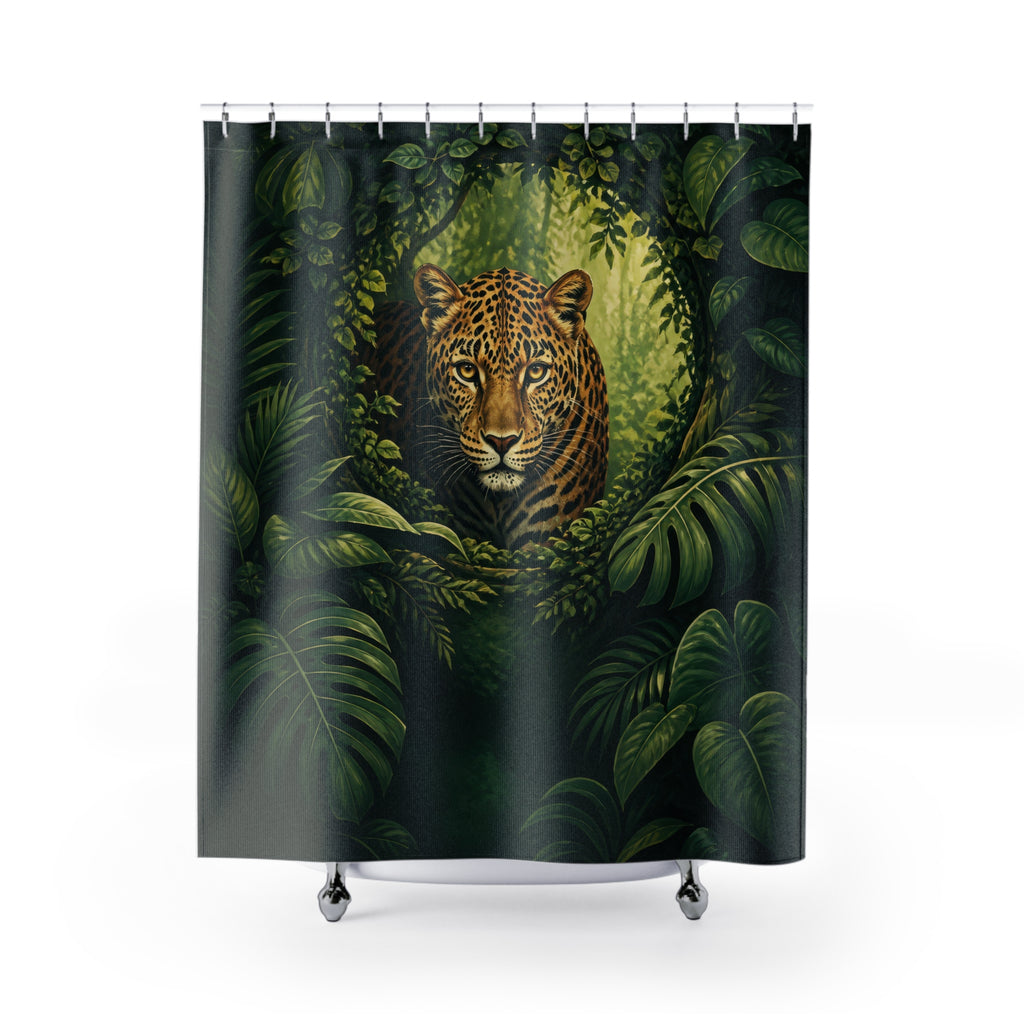 Emerald rainforest leopard portrait shower curtain with full front view