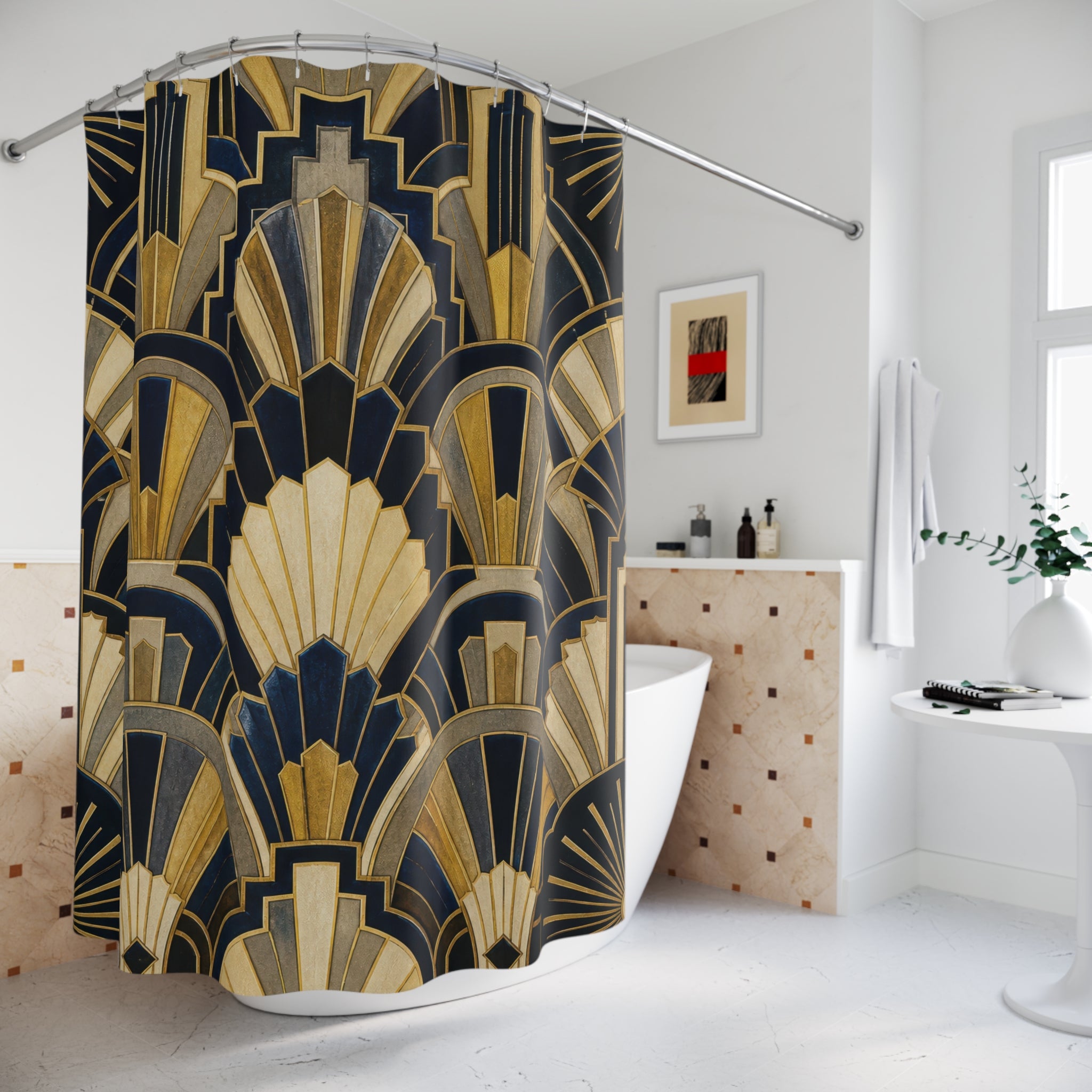 Navy Gold Fan Geometric Shower Curtain