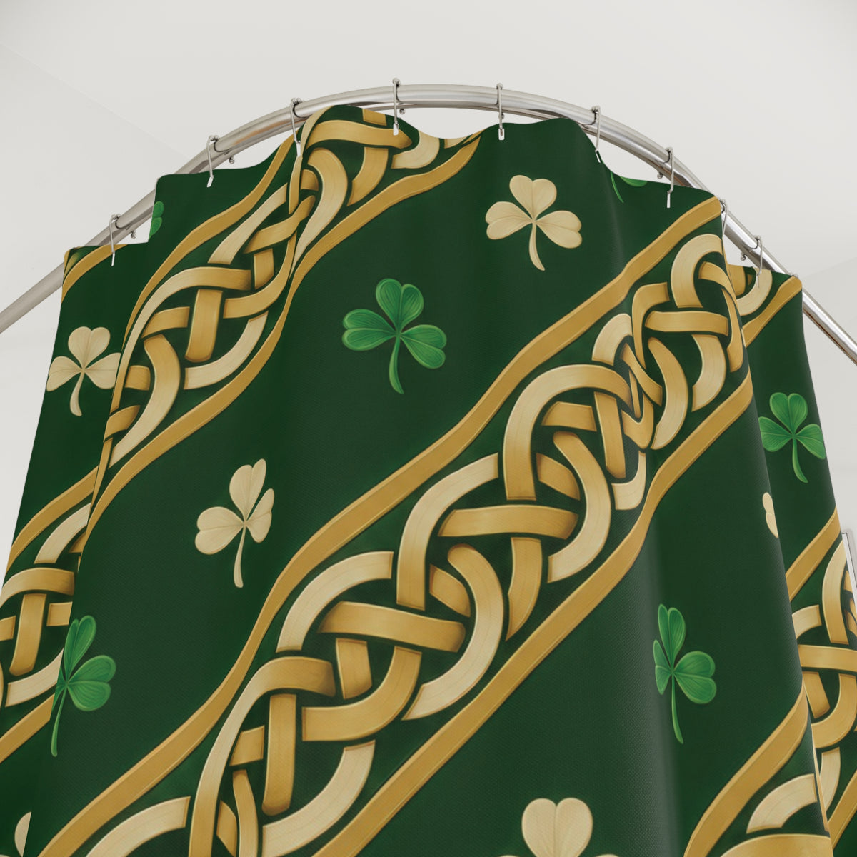 Gold-tone Celtic knots with green and ivory shamrocks shower curtain with close-up print, hooks, and folds